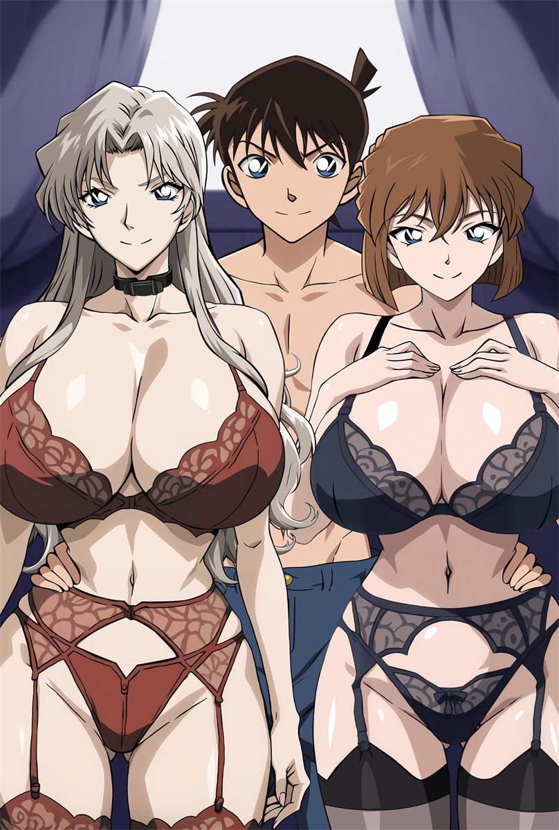 1boy, 2girls, ai haibara, big breasts, blonde hair, blue eyes, bra, breasts, breasts bigger than head, brown hair, cleavage, detective conan, female, garter belt, lingerie, male, navel, panties, pants, shiho miyano, shinichi kudo, standing, teal eyes, thighhighs, threesome, vermouth, yxyyxy