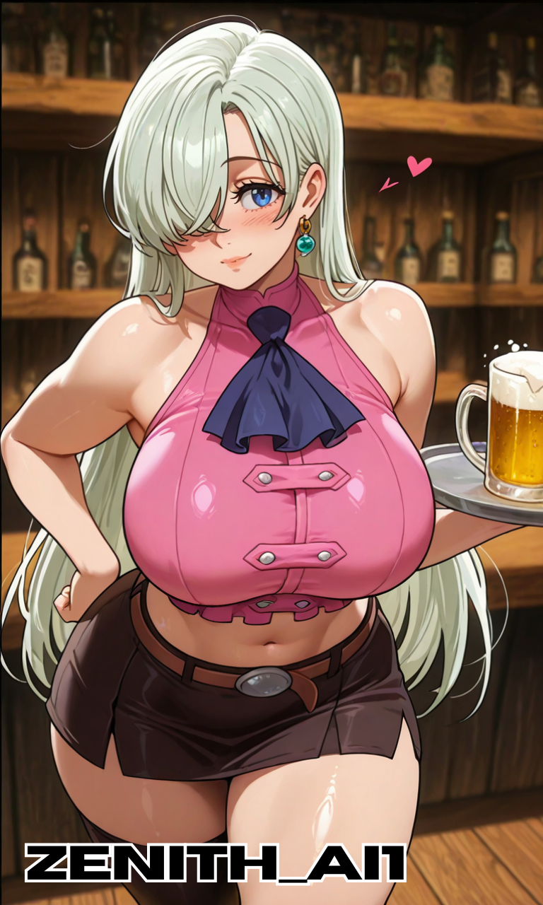ai generated, ass, bar (place), beer, big ass, big breasts, breasts, elizabeth liones, female, female only, heart, holding object, holding tray, huge ass, nanatsu no taizai, navel, wide hips, zenithai