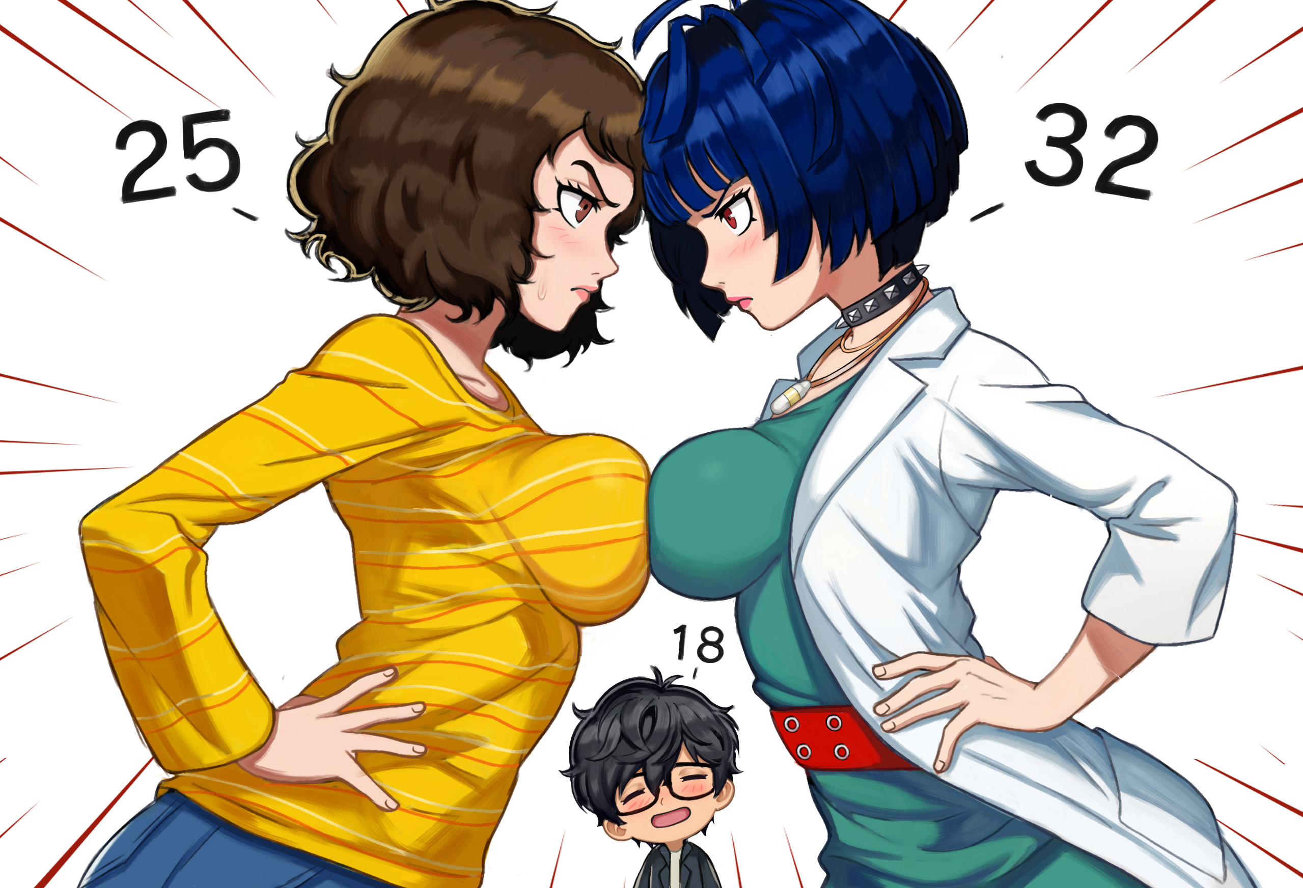 1boy, 2025, 2d, 2girls, akiman pose, akira kurusu, angry, black hair, blue hair, blush, breasts, brown eyes, brown hair, catfight, choker, female, female focus, fully clothed, joker (persona), light skin, looking at another, male, neggoartz, persona, persona 5, ren amamiya, sadayo kawakami, staredown, sweatdrop, tae takemi, tagme