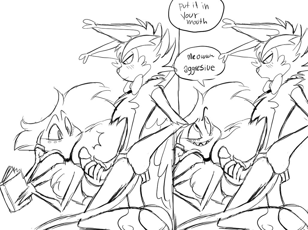 2boys, angel dust (hazbin hotel), anthro, before oral, black and white, book, collar, cuntboy, english text, femboy, furry, gay, hazbin hotel, husk (hazbin hotel), intersex, male, monochrome, penis, speech bubble, tagme, twink, yaoi