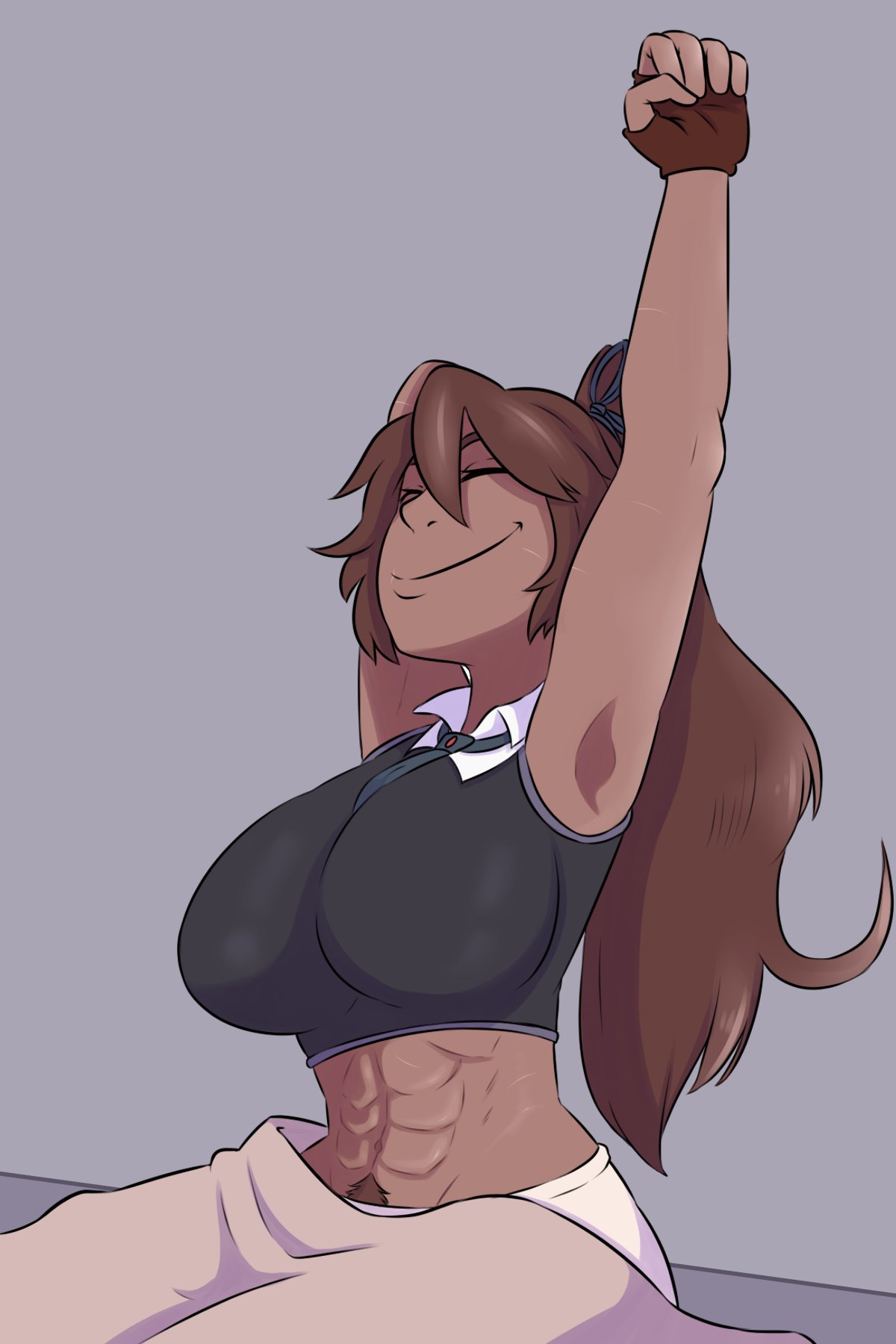 1futa, abs, blinkerbye, brigand (tales of androgyny), brown hair, closed eyes, dark skin, dark-skinned futa, fanart, futanari, intersex, pubic hair peek, pubic tuft, scars, sports bra, stretching, tagme, tales of androgyny, underwear, waking up