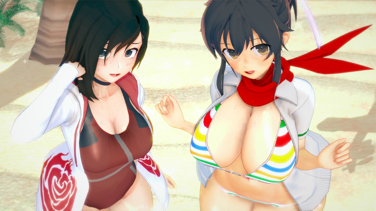 2girls, 3d, asuka (senran kagura), bikini, bikini bottom, bikini top, black hair, black-haired female, breasts, brown eyes, cleavage, crossover, different breast sizes, female, female only, half naked, half-dressed, multiple females, multiple girls, red highlights, ruby rose, rwby, senran kagura, silver eyes, stormstriker, swimsuit