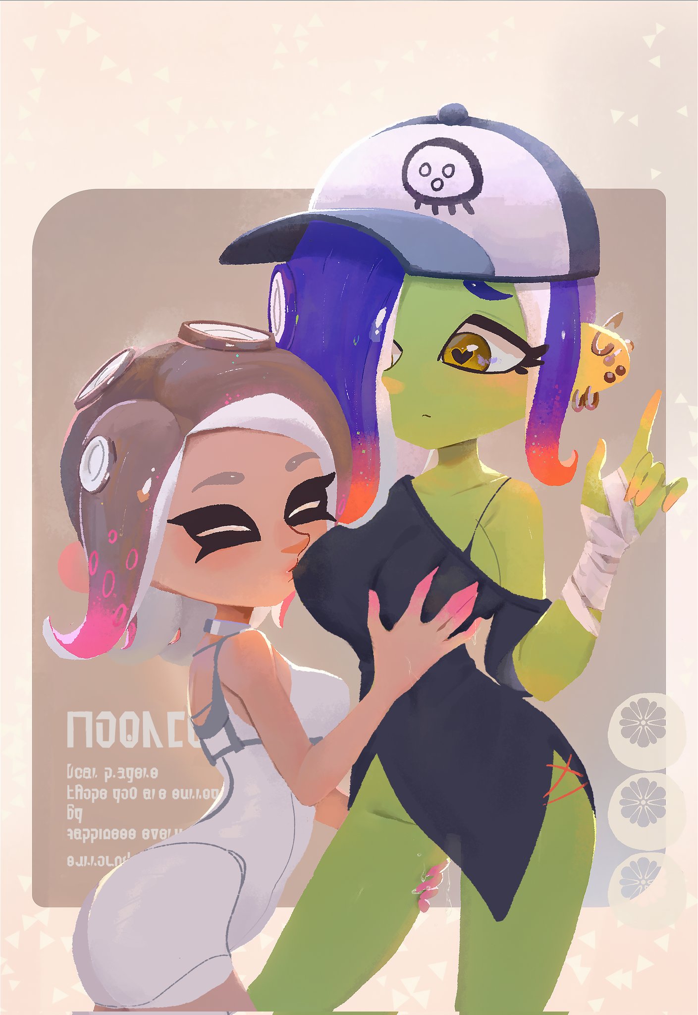 2d (artwork), 2girls, acht (splatoon), agent 8 (side order), agent 8 (splatoon), dedf1sh, digital drawing (artwork), digital media (artwork), female, fully clothed, nintendo, nipples visible through clothing, octoling, octoling girl, splatoon, splatoon (series), splatoon 3, splatoon 3: side order, sucking nipple, sucking nipples, tentacle hair, yuri, zhang tian57284