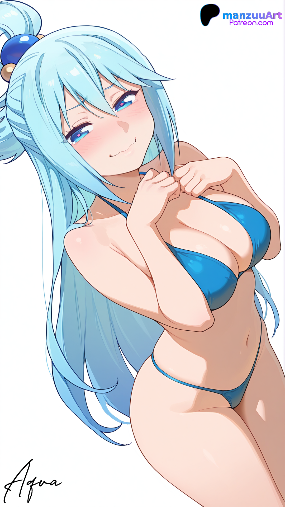 ai generated, aqua (konosuba), bikini, blue eyes, blue hair, female, goddess, kono subarashii sekai ni shukufuku wo!, looking at viewer, manzuuart, smile, stable diffusion, white background