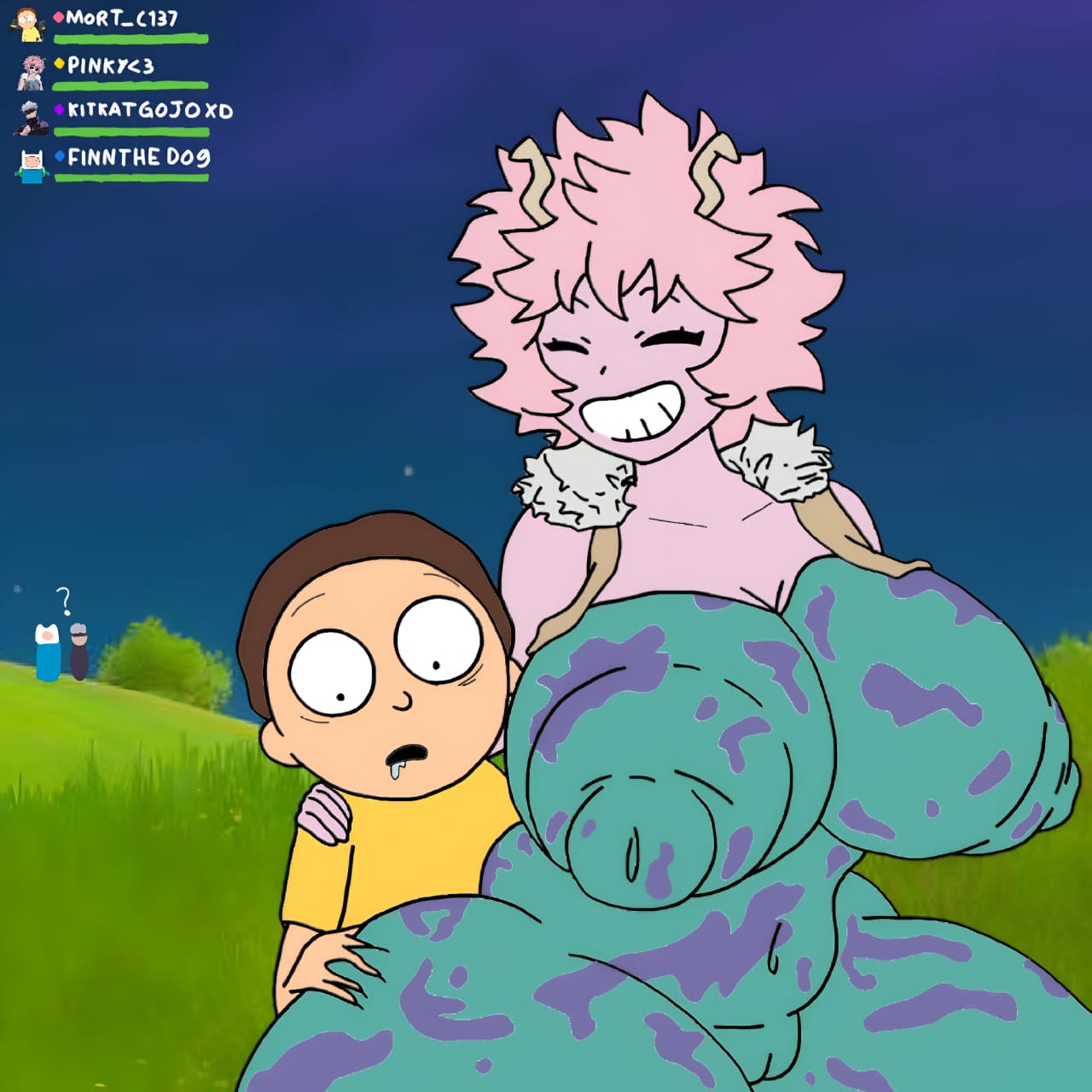 1boy, 1girls, ass, ass grab, big ass, big breasts, breasts, crossover, drooling, duo, female, fortnite, fortnite: battle royale, guege, light skin, light-skinned male, male, mina ashido, morty smith, my hero academia, rick and morty, smiling, tight clothing