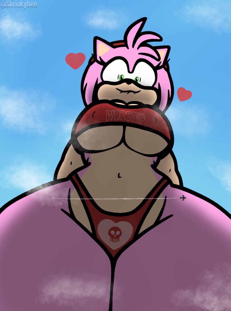 1girls, amy rose, anthro, artist name, big breasts, bikini, breasts, curvy, female, furry, furry female, giantess, heart print, hedgehog, hedgehog girl, highleg bikini, looking at viewer, looking down, navel, print bikini, sega, shrinkybee, skull print, sonic (series), sonic the hedgehog (series), text on clothing, thick thighs, wide hips