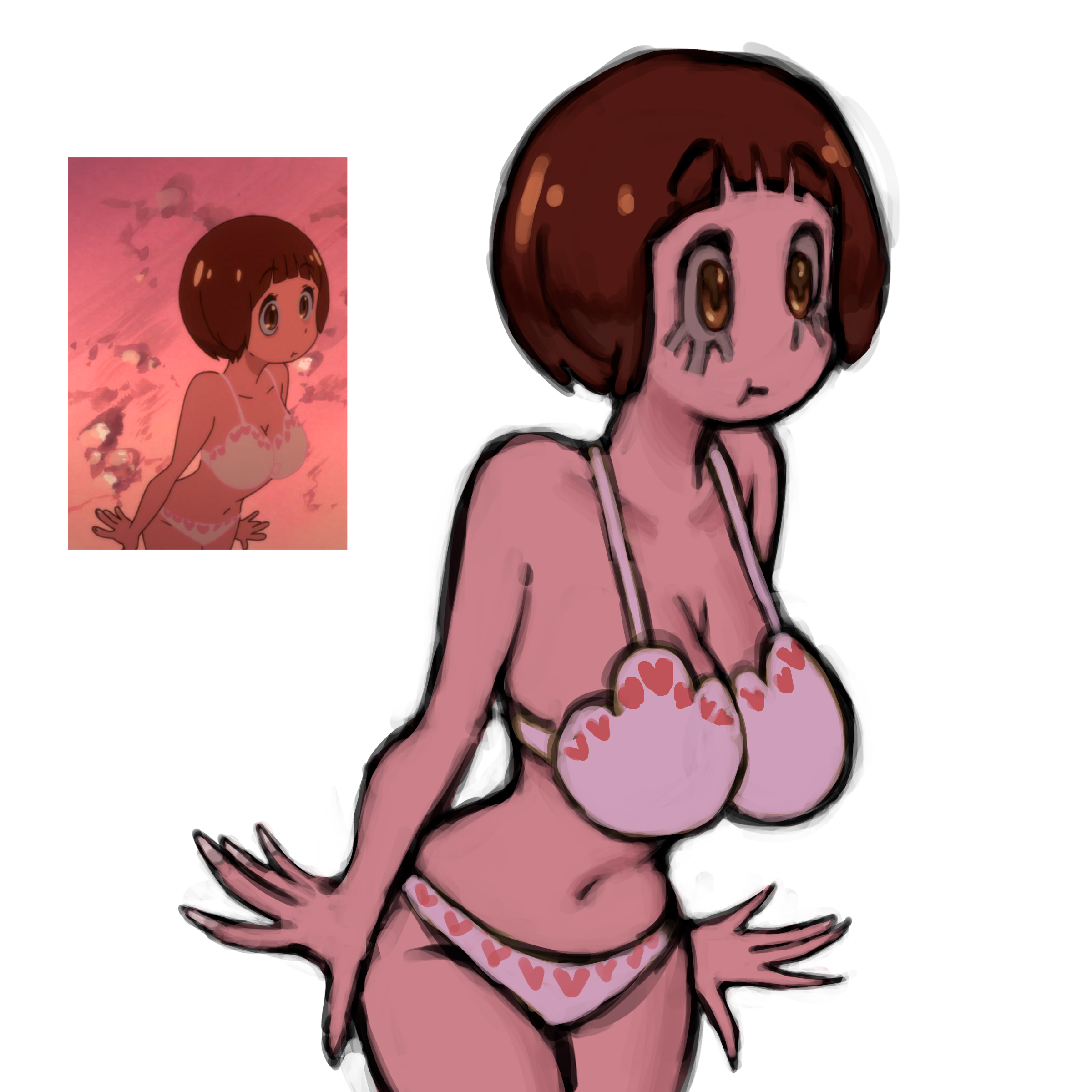 1girls, 2d, 2d (artwork), 2d artwork, adych, bra, bra and panties, breasts, brown eyes, brown hair, brown-haired female, busty, color, colored, female, female focus, female only, hair, hands, hips, kill la kill, light body, light skin, light-skinned female, long nails, mankanshoku mako, nails, neck, no pants, no shirt, pale, pale body, pale skin, pale-skinned female, panties, petite, petite body, petite female, redraw, reference, reference image, screenshot insert, short hair, shortstack, skinny, skinny female, solo, solo female, solo focus, tagme, thighs, top heavy, underwear, waist