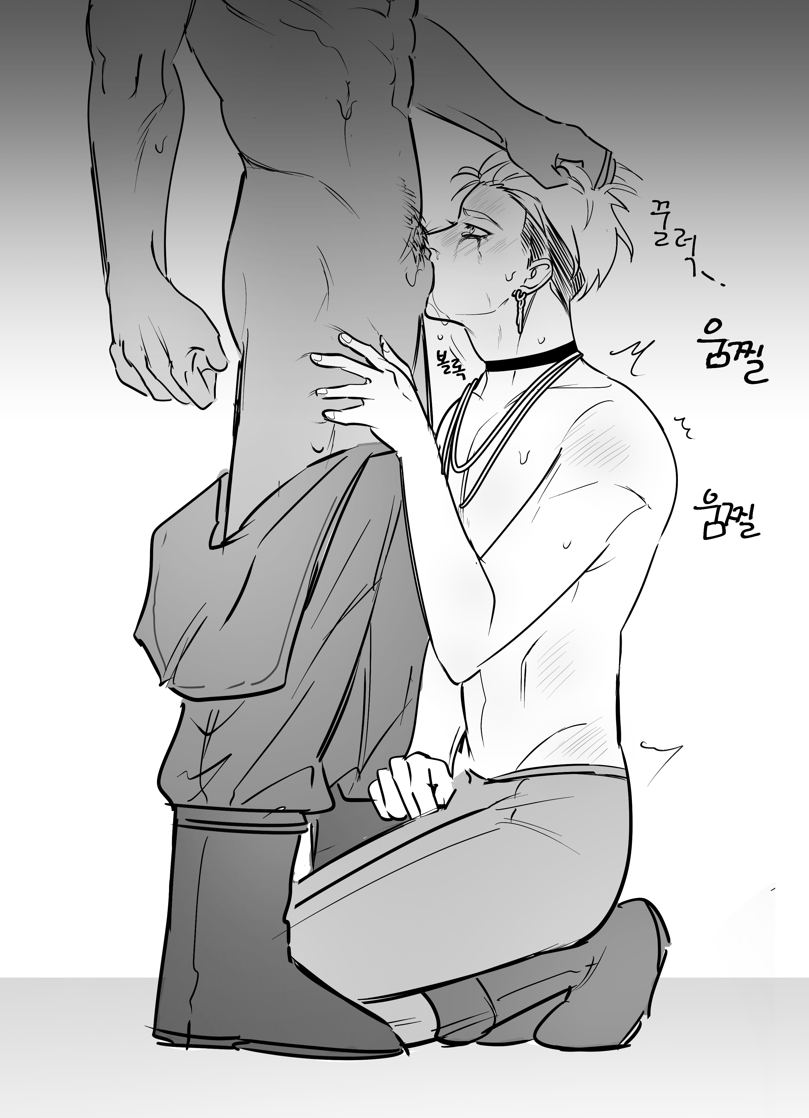 2boys, all the way to the base, blowjob, crossover, dead by daylight, deepthroat, gay, gripping hair, holding head, male, male pubic hair, monochrome, monster, muscular, muscular male, on knees, oral, oral sex, pants down, pubic hair, pyramid head, shirtless, silent hill, silent hill 2, the trickster, topless, yaoi