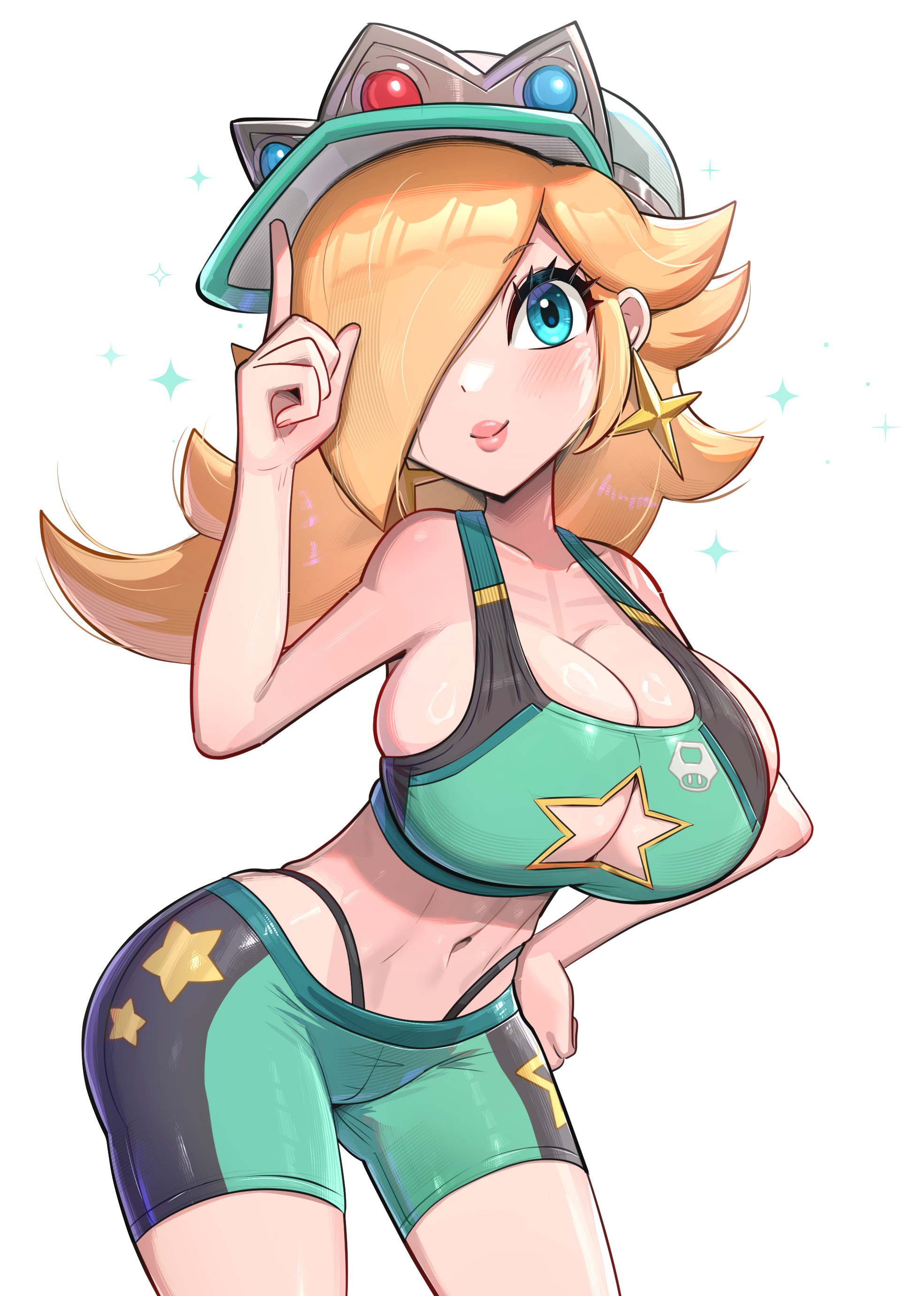 1girls, artist name, big breasts, blonde hair, blue eyes, blush, breasts, cleavage, clothed, clothing, earrings, female, female only, gonzarez, hair covering eye, huge breasts, looking at viewer, mario (series), midriff, princess rosalina, smile, solo, solo female, solo focus, super mario galaxy, white background