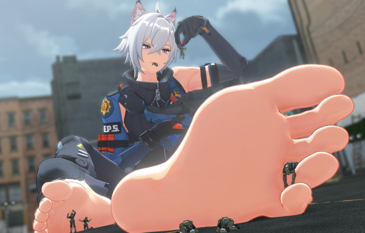 1boy, 3d, cat boy, catboy, city, color, dominant male, feet, foot fetish, giant, giant femboy, giant male, kneeling, larger male, lightningcat12, macro, macro male, male, male focus, male only, military, police, police uniform, seth lowell, soldier, soles, toes, vore, zenless zone zero