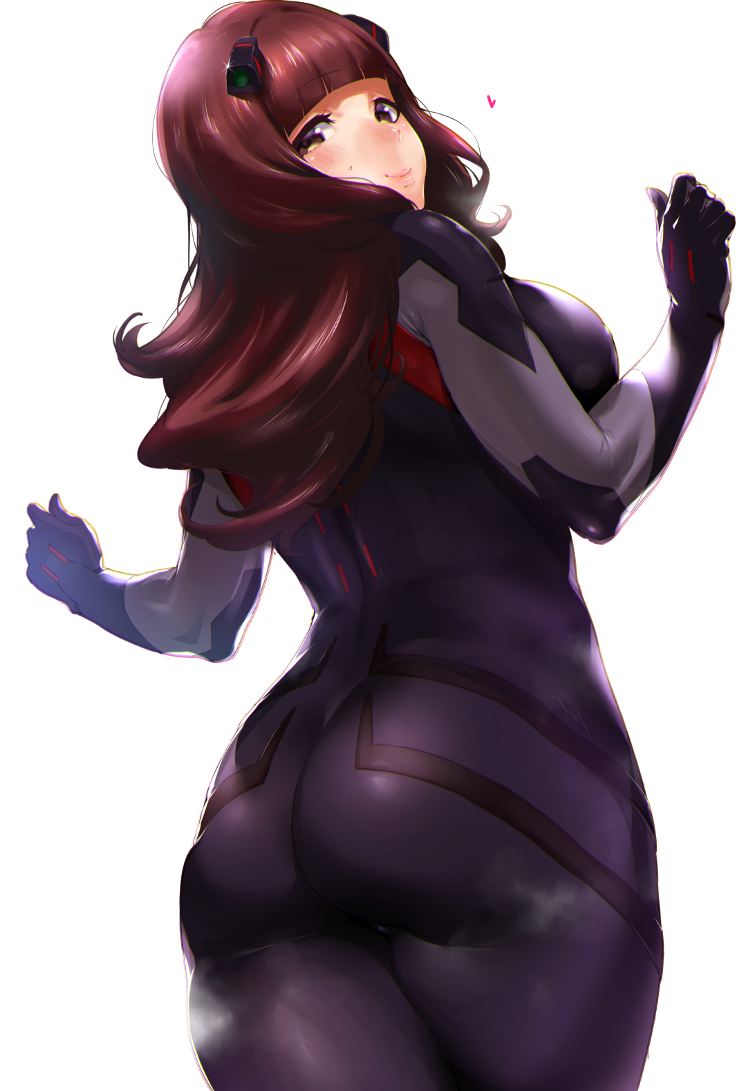 absurd res, asian female, ass, ass cheeks, ass focus, ass visible through thighs, bangs, black plugsuit, boobs and butt pose, breasts, brunette hair, bubble butt, cosplay, cosplaying as character, curvaceous, digital media (artwork), evangelion: 3.0 you can (not) redo, fat ass, fat butt, female, good artwork, heavy breathing, high resolution, highres, ikuchan kaoru, interface headset, kyonyuu-chan (iku), light skin, light-skinned female, medium breasts, medium hair, milf, neon genesis evangelion, no underwear, plugsuit, rebuild of evangelion, rebut art, rei ayanami, rei ayanami (cosplay), sideboob, simple background, skin tight suit, skintight, smile at viewer, smiley face, studio khara, thicc ass, thicc thighs, toned ass