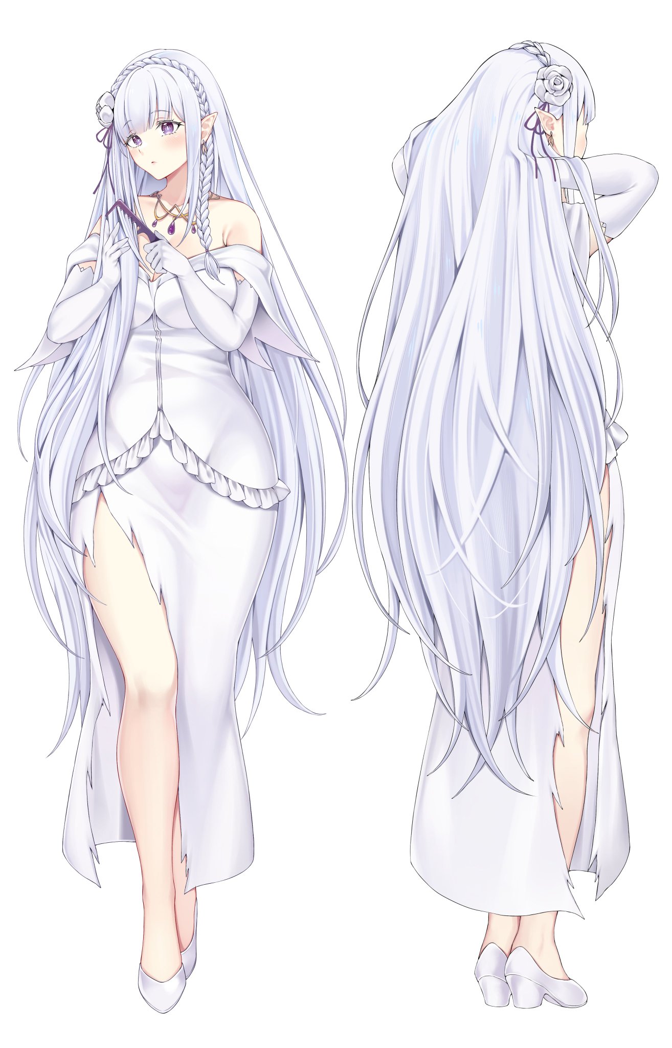 1girls, beautiful, braided hair, breasts, child bearing hips, elf, elf ears, elf female, elf girl, emilia (re:zero), female, foxie30, gloves, half-elf, hands behind head, hands in hair, high heels, huge boobs, huge breasts, large boobs, large breasts, long hair, milf, mommy, necklace, re:zero kara hajimeru isekai seikatsu, sexy, silver hair, solo, thick thighs, thighs, torn clothes, torn clothing, torn dress, torn wedding dress, very long hair, voluptuous, voluptuous female, wedding dress, white dress, white gloves, wide hips