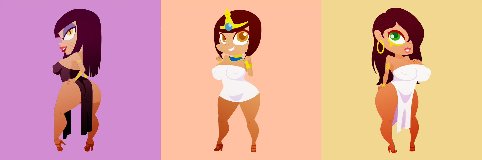 2016, 2d, ancient egypt, ancient egyptian, big head, black hair, blunt bangs, bob cut, breasts, brown body, brown eyes, brown skin, brown skinned female, busty, captainjerkpants, chibi, egypt, egyptian, egyptian female, eyeshadow, farah, female, female focus, female only, green eyes, high heels, hourglass figure, legend of queen opala, lipstick, long hair, makeup, milf, mother, mother and daughter, osira, png, queen opala, short hair, sisters, tagme, wide hips, yellow eyes