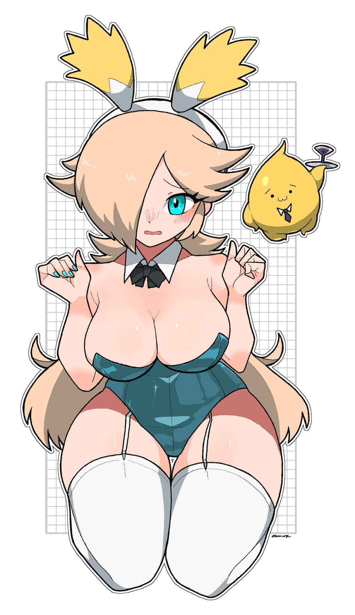 1girls, blonde hair, blue eyes, blue nails, blush, cleavage, cocktail glass, cup, drinking glass, female, female only, garter straps, grid background, hair over one eye, highres, kneeling, leotard, long hair, luma, mario (series), necktie, nintendo, omura zojiki, playboy bunny, princess rosalina, rabbit ears, rabbit tail, revealing clothes, smile, solo, super mario galaxy, thigh gap, thighhighs, tray