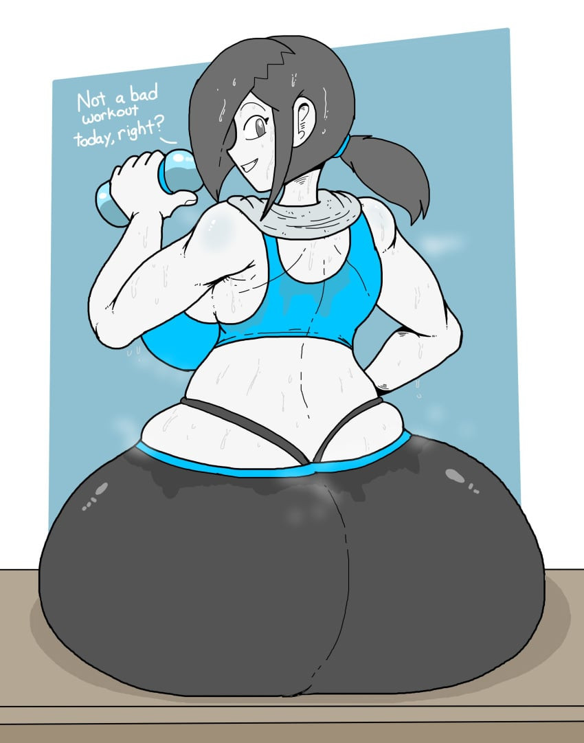 ass, back, backboob, black hair, black panties, black pants, blue sports bra, bottle, breasts, colored skin, crop top, drinking, dumbbell, english text, female, from behind, grey eyes, hair over one eye, happy, highleg, highleg panties, holding, holding bottle, holding object, huge ass, large breasts, long hair, looking at viewer, looking back, medium hair, panties, pants, panty straps, ponytail, poopishness, sideboob, sitting, smile, solo, sports bra, steaming body, sweat, tank top, thick thighs, thong, tight clothes, tight pants, towel, towel around neck, underwear, water, water bottle, white body, white skin, wide hips, wii fit, wii fit trainer, wii fit trainer (female), yoga pants