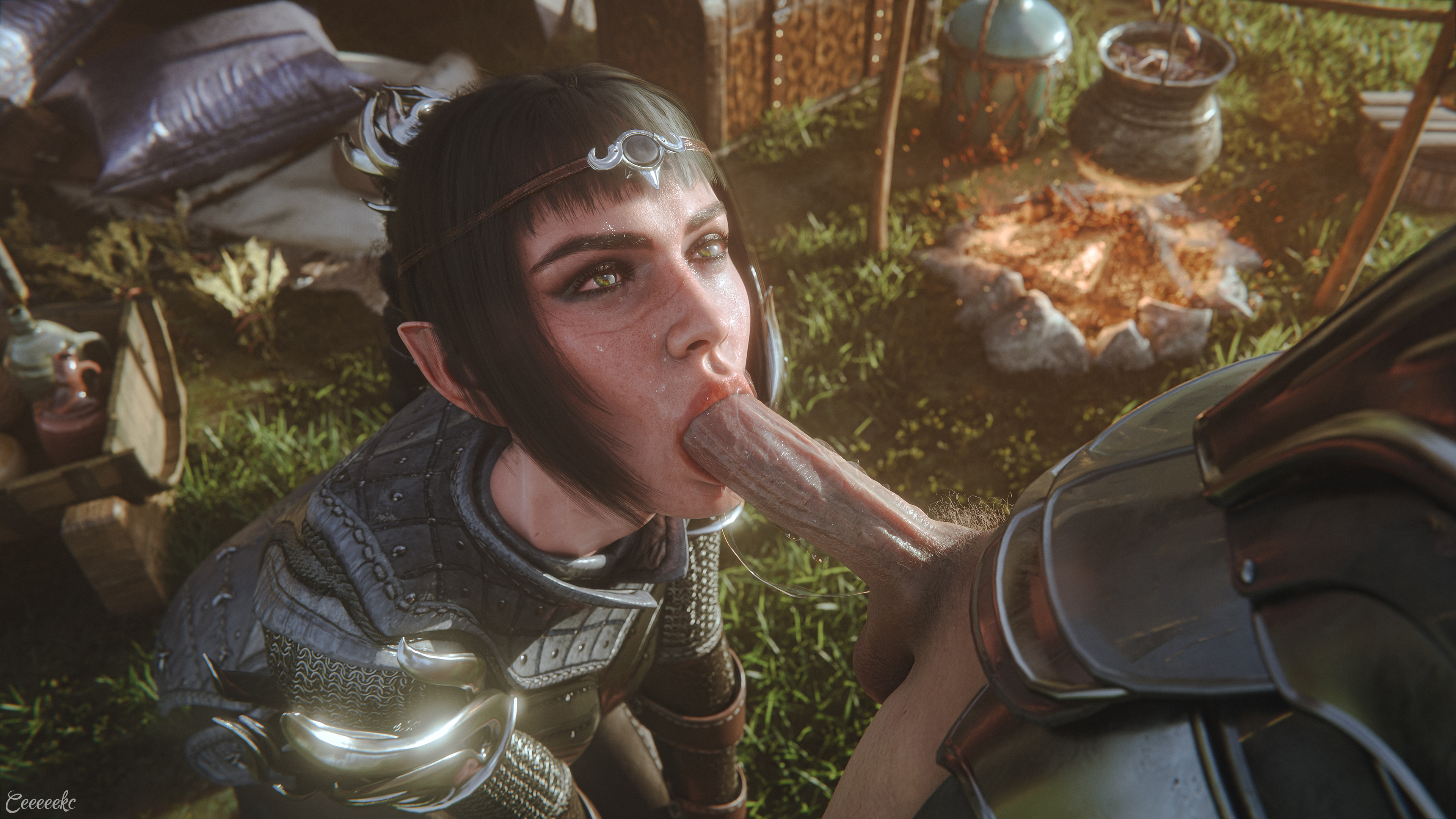 1boy, 1girls, 3d, baldur's gate 3, big penis, blowjob, ceeeeekc, fantasy, female, half-elf, light skin, light-skinned female, light-skinned male, male, oral, oral penetration, oral sex, penis, penis in mouth, pointy ears, shadowheart, veiny penis