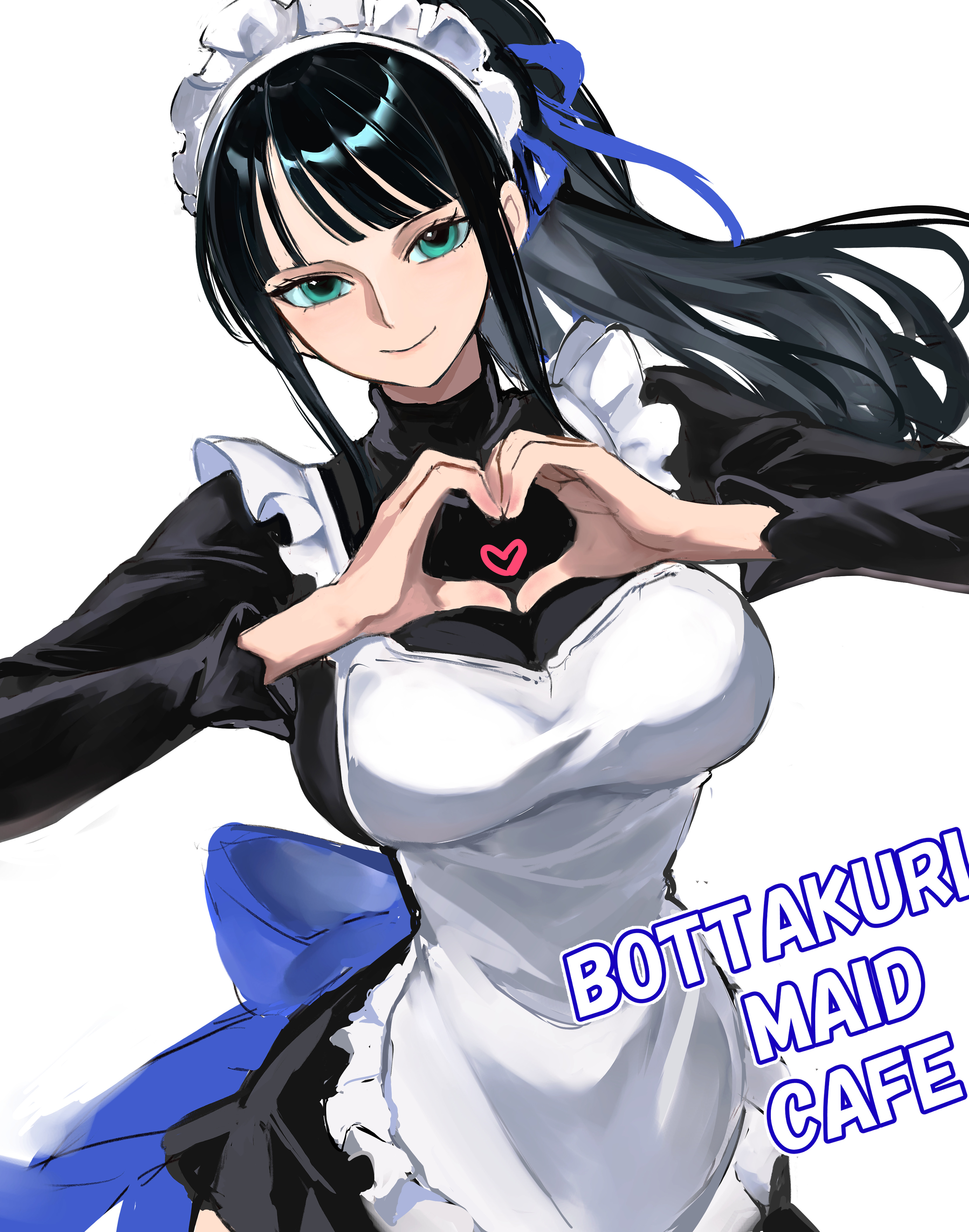 1girls, absurdres, apron, black dress, black hair, black shirt, black-haired female, blue eyes, blunt bangs, bow, breasts, closed mouth, clothing, commentary, dress, english text, female, female only, frilled apron, frills, hair ornament, heart, heart hands, highres, kasumi 6, kasumi6, large breasts, long hair, looking at viewer, maid, maid apron, maid headdress, nico robin, one piece, ponytail, shirt, simple background, smile, solo, white background