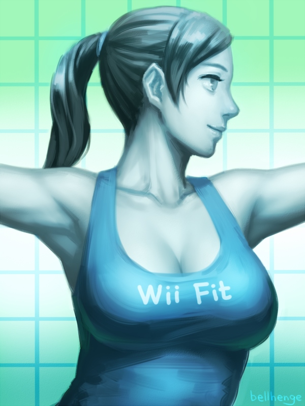 1girls armpits bellhenge breasts cleavage close-up closed_mouth female female_only grey_eyes grey_hair large_breasts looking_away nintendo pointy_ears ponytail smile solo tank_top wii_fit wii_fit_trainer