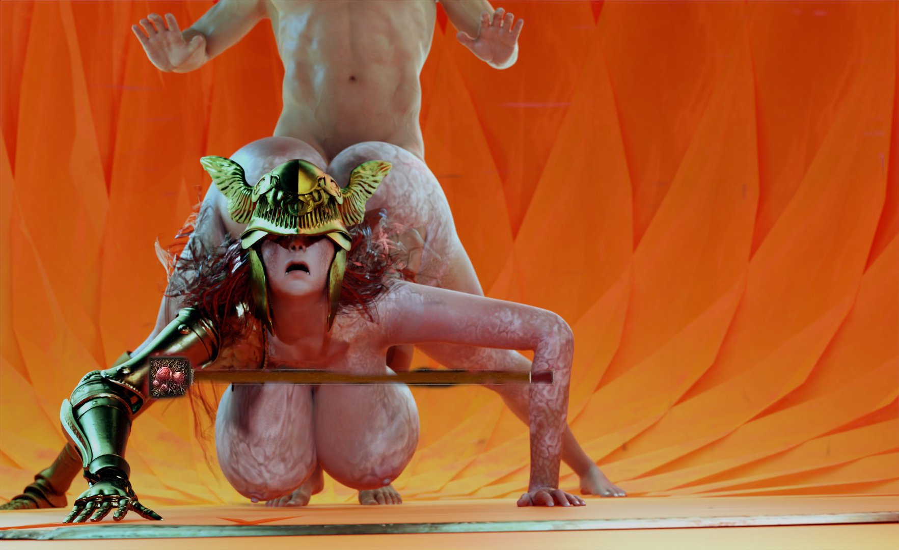 1boy, 1girls, 3d, armor, ass, bracer, breasts, defeated heroine, dominant male, dustyboyo, elden ring, female, fromsoftware, gauntlet, goddess, hand on ass, hanging breasts, helmet, huge ass, huge breasts, huge cock, imminent sex, jack-o pose, let me solo her, light skin, light-skinned female, light-skinned male, male, malenia blade of miquella, penis, pot on head, reaching out, straight, submissive female, sword