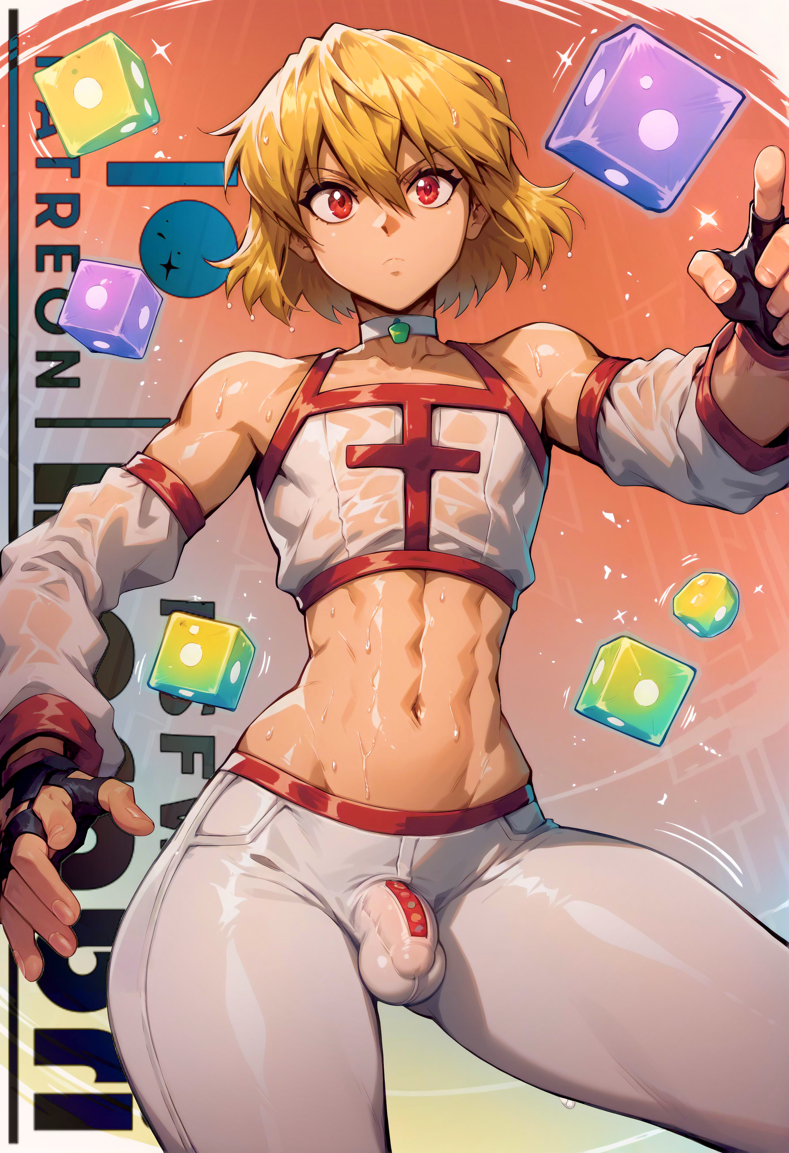1boy, abs, abstract background, ai generated, blonde hair, bulge, bulge through clothing, collar, cute, darabri, detached sleeves, femboy, feminine, fingerless gloves, flat chest, flat chested, gay, girly, hunter x hunter, kurapika, logo, male, muscular, muscular male, otoko no ko, pants, patreon, patreon logo, penis, penis bulge, red eyes, see-through, see-through clothing, serious, shiny, shiny skin, shoulders, sweaty, tight clothing, tight fit, tights, toned, trap, yaoi