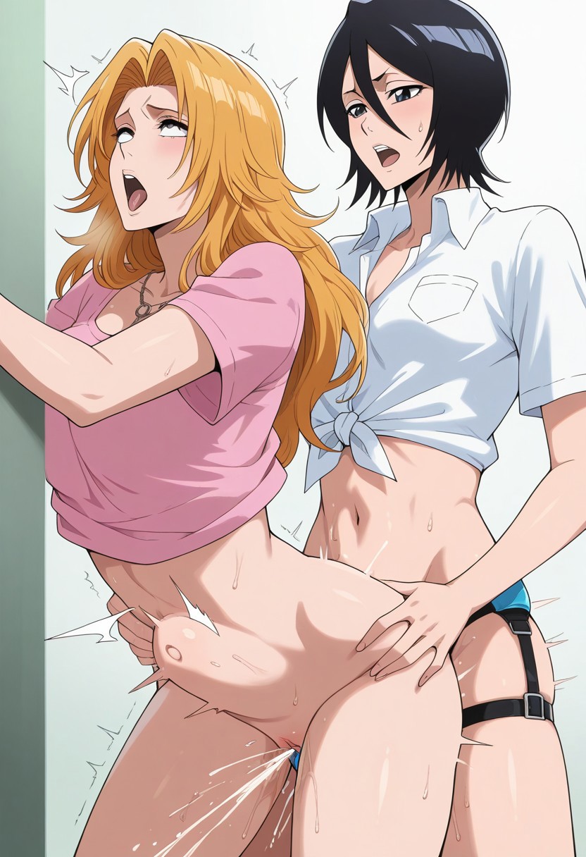 ahe gao, ai generated, black hair, bleach, ejaculation, female, female only, kuchiki rukia, matsumoto rangiku, nude, orange hair, penetration, pleasure face, pussy, squirting, stomach bulge, strap-on, strapon, vaginal penetration