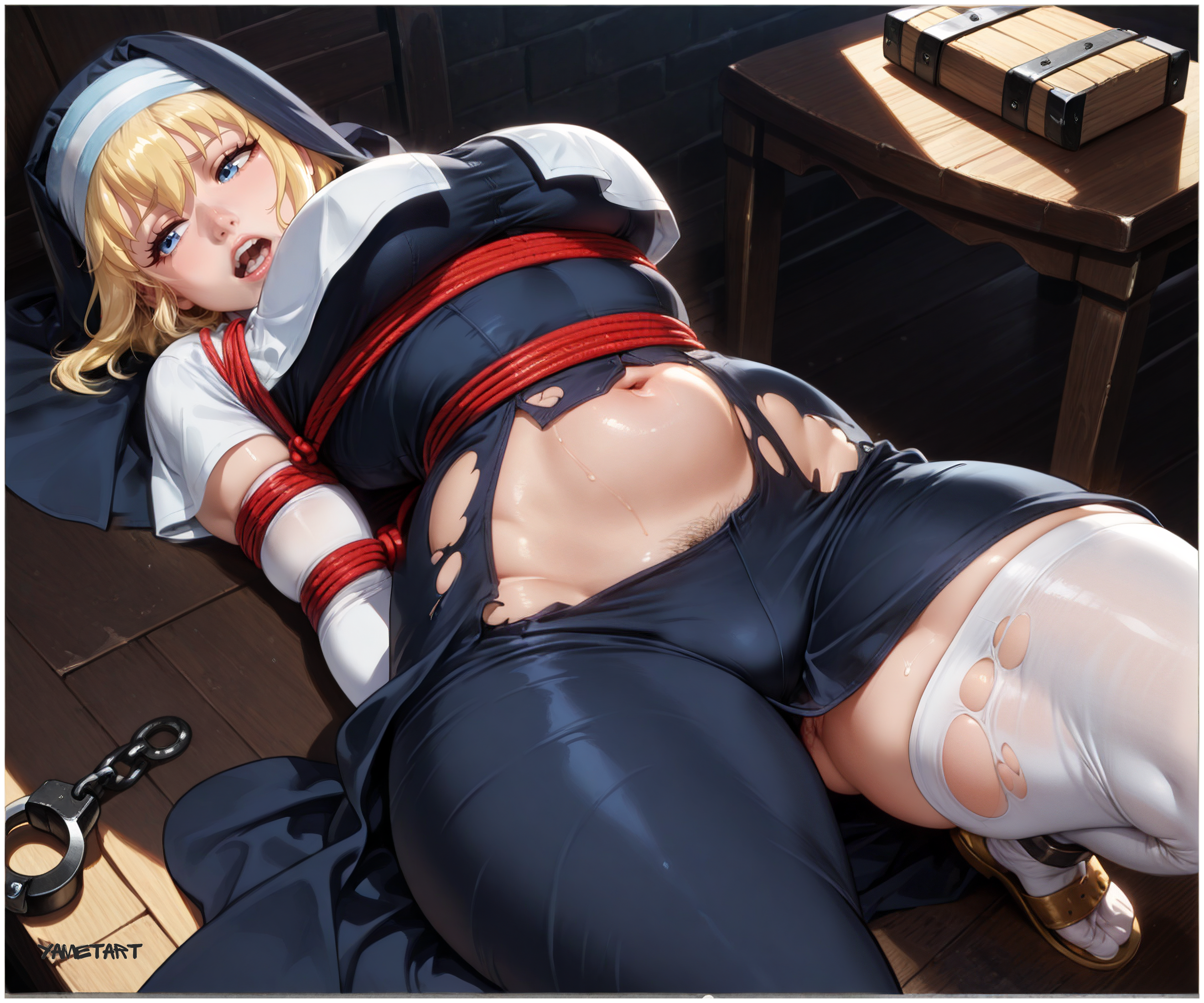 ai assisted, ai generated, bewitching thighs, big breasts, blonde hair, bondage, breasts, cleavage, curvy, elbow gloves, enen no shouboutai, female, fire force, iris, large breasts, nun, nun outfit, on back, pixai, ripped clothing, rope, rope bondage, short hair, sister iris (enen no shouboutai), sister iris (fire force), thick thighs, thighhighs, tied up, torn clothes, yametastudio