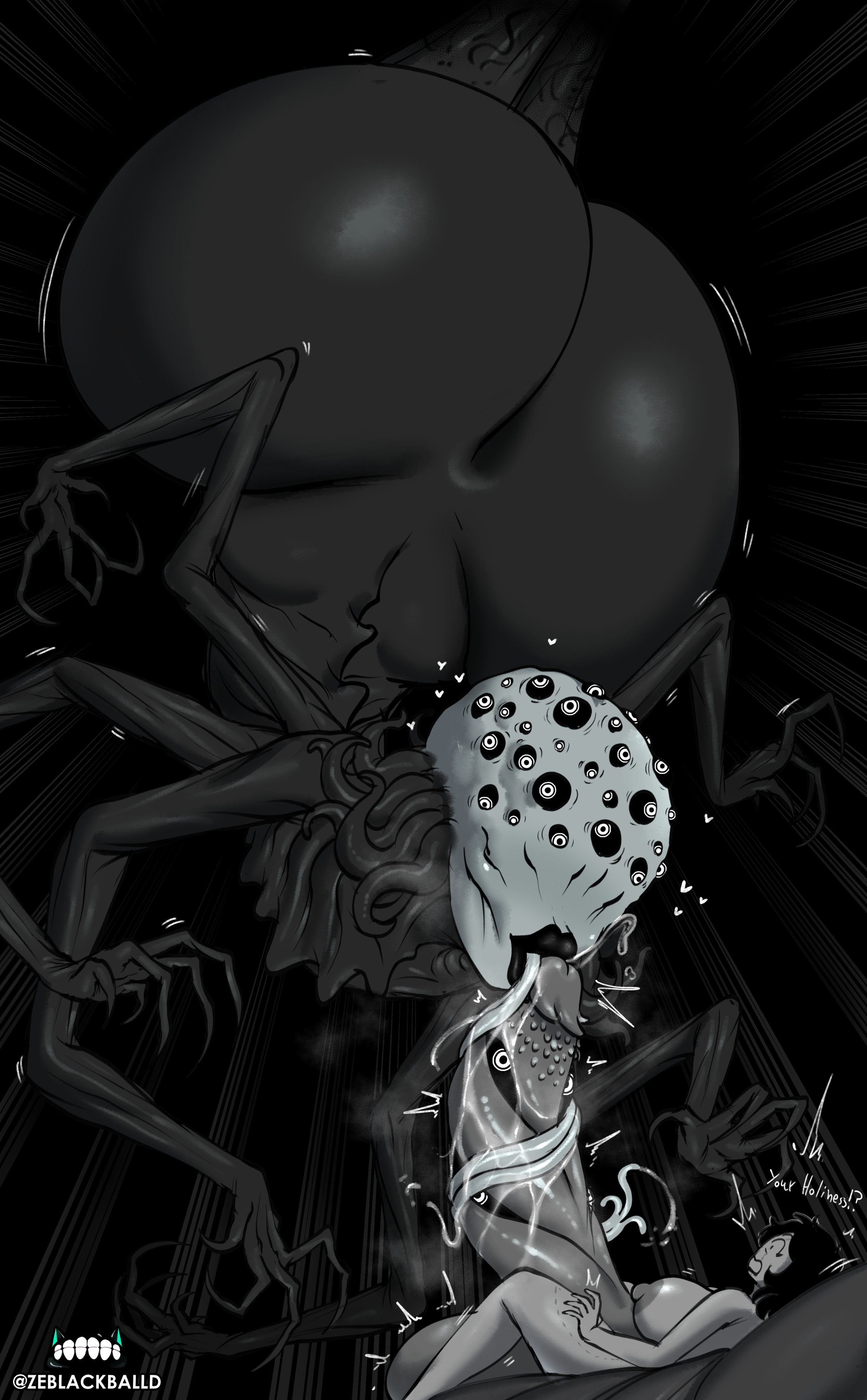 1boy, 1futa, alien, alien genitalia, ass, balls, black lipstick, breasts, duo, eldritch abomination, eldritch horror, erection, femboy, futa on male, futanari, huge ass, huge breasts, huge cock, human, hyper, hyper ass, hyper penis, imminent oral, imminent sex, intersex, kissing penis tip, larger femboy, long tongue, male, nightmare fuel, nightmare husbando, nude, penis, plump ass, plump lips, sneaking, surprise sex, surprised, teasing penis, the baptist (zeblackballd), thick thighs, tongue, tongue around penis, tongue out, tongue wrap, trypophobia, unusual anatomy, unusual genitalia, unusual penis, wide hips, wobbling ass, ze blackball.d, zeblackballd (artist)