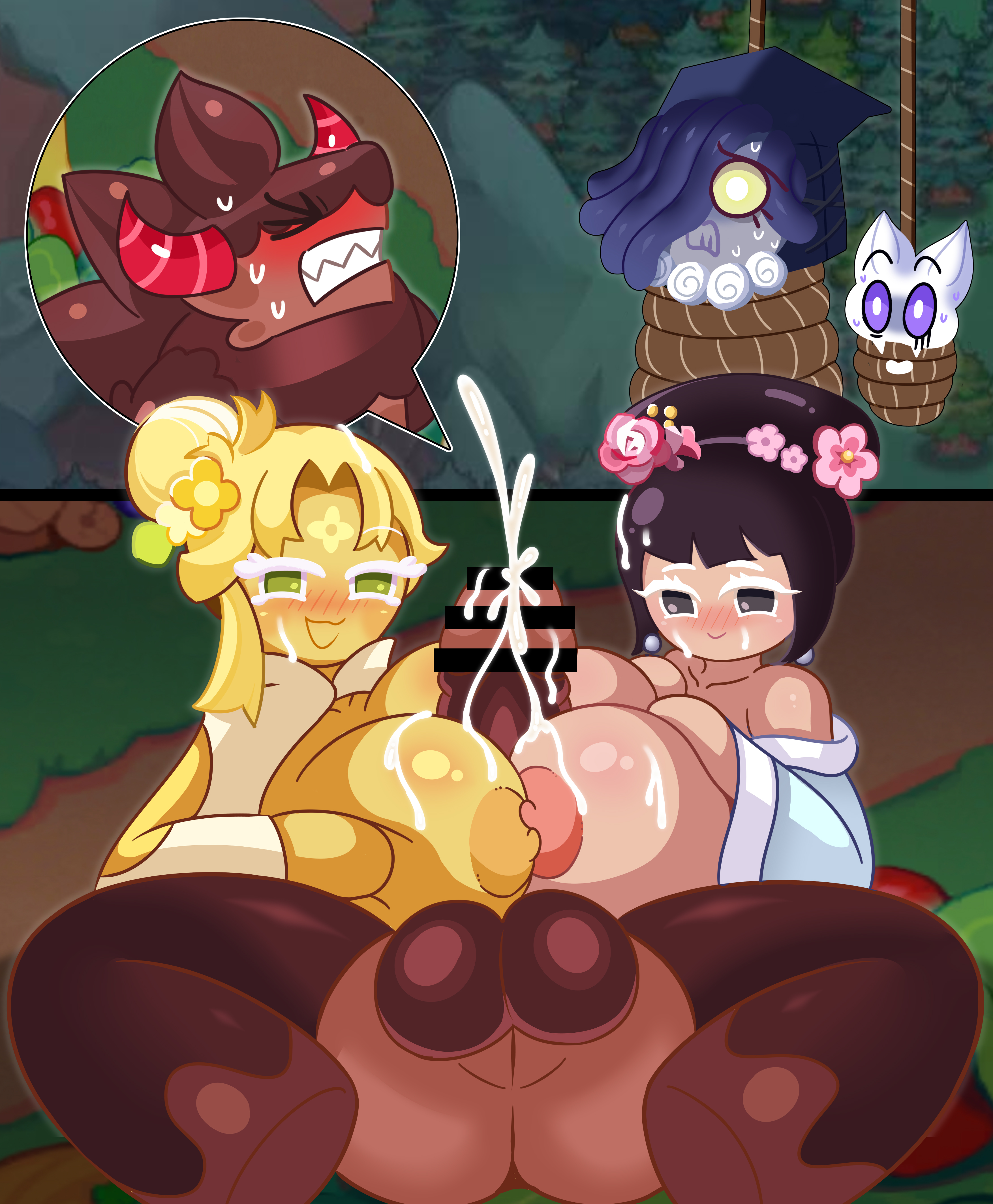 2boys, 2girls, artist request, bar censor, big breasts, breasts, censored, choco werehound brute, cookie run, cookie run kingdom, cookie run kingdom cn, cum, cum on breasts, cum on face, double paizuri, double titfuck, female, golden osmanthus cookie, licorice cookie, male, paizuri, schwarzwalder, tagme, tied up, titjob, zhen huan cookie