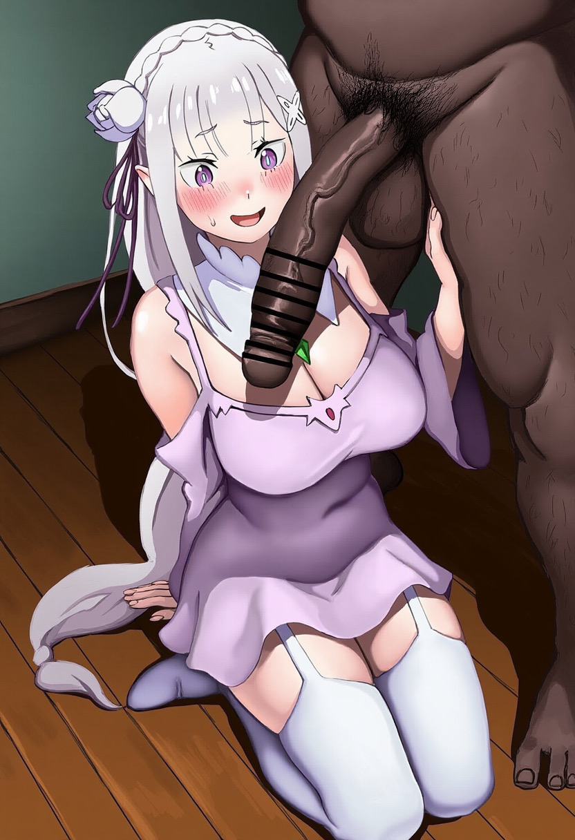 1boy 1boy1girl 1girls ai_generated balls blush breasts cheating cheating_female cheating_girlfriend dark-skinned_male detached_sleeves elf elf_ears elf_female emilia_(re:zero) erect_nipples erect_nipples_under_clothes fat_male female garter_straps girthy_penis hairy_male indoors interracial kneeling large_breasts large_penis looking_at_penis looking_at_viewer male male/female naughty_face netorare ntr on_floor penis penis_awe purple_dress purple_eyes re:zero_kara_hajimeru_isekai_seikatsu room silver_hair smug solo_focus straight testicles thighhighs veiny_penis waroffree wooden_floor