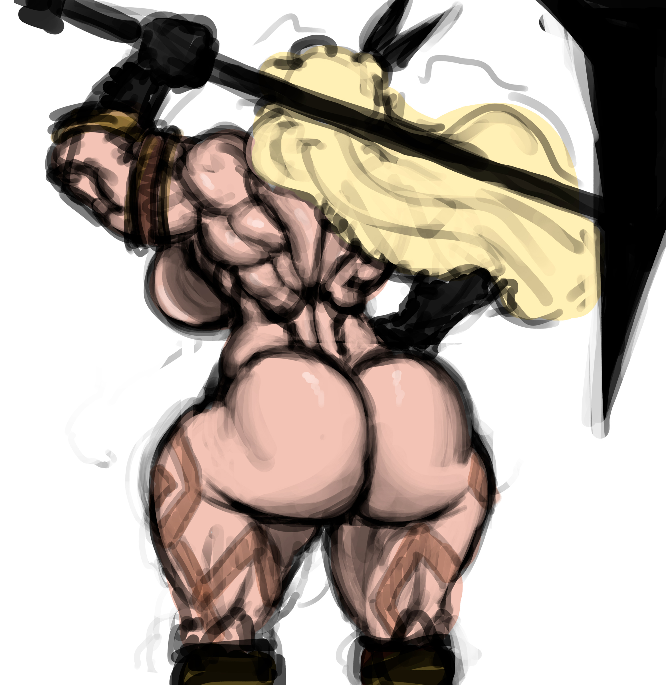 1girls, 2d, 2d (artwork), 2d artwork, adych, amazon (dragon's crown), ass, athletic, athletic female, back view, big ass, big butt, blonde female, blonde hair, blonde-haired female, body pattern, boots, bubble ass, bubble butt, color, colored, colored sketch, dragon's crown, fat ass, fat butt, feather in hair, feathers, female, female focus, female only, fit, fit female, gloves, hair, huge ass, huge butt, light body, light skin, light-skinned female, long hair, mostly naked, mostly naked female, mostly nude, mostly nude female, muscles, muscular, muscular arms, muscular ass, muscular back, muscular butt, muscular female, muscular legs, muscular thighs, pale, pale body, pale skin, pale-skinned female, patterned body, scythe, sketch, solo, solo female, solo focus, thick ass, thick butt, voluptuous, voluptuous body, voluptuous female, weapon, weapon over shoulder, yellow hair