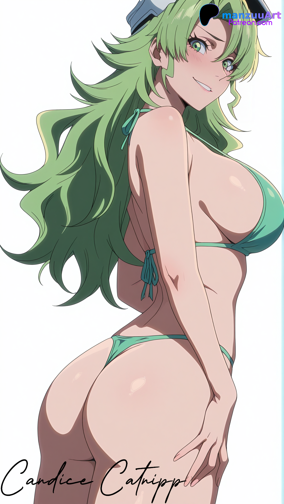 1girls, ai generated, ass, big ass, big breasts, bleach, breasts, candice catnipp, female, green eyes, green hair, looking at viewer, manzuuart, stable diffusion, white background