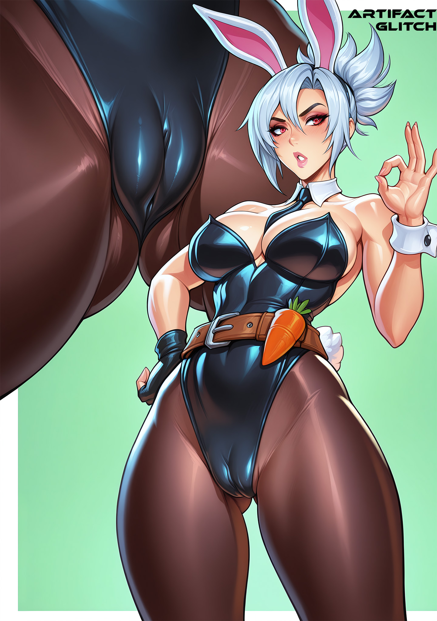 1girls, ai generated, artifactglitch, battle bunny riven, bunny costume, bunny ears, bunny girl, bunny suit, bunny tail, bunnysuit, cameltoe, female, handjob gesture, league of legends, playboy bunny, pussy, riot games, riven, solo, solo female, solo focus, the grind series, white hair