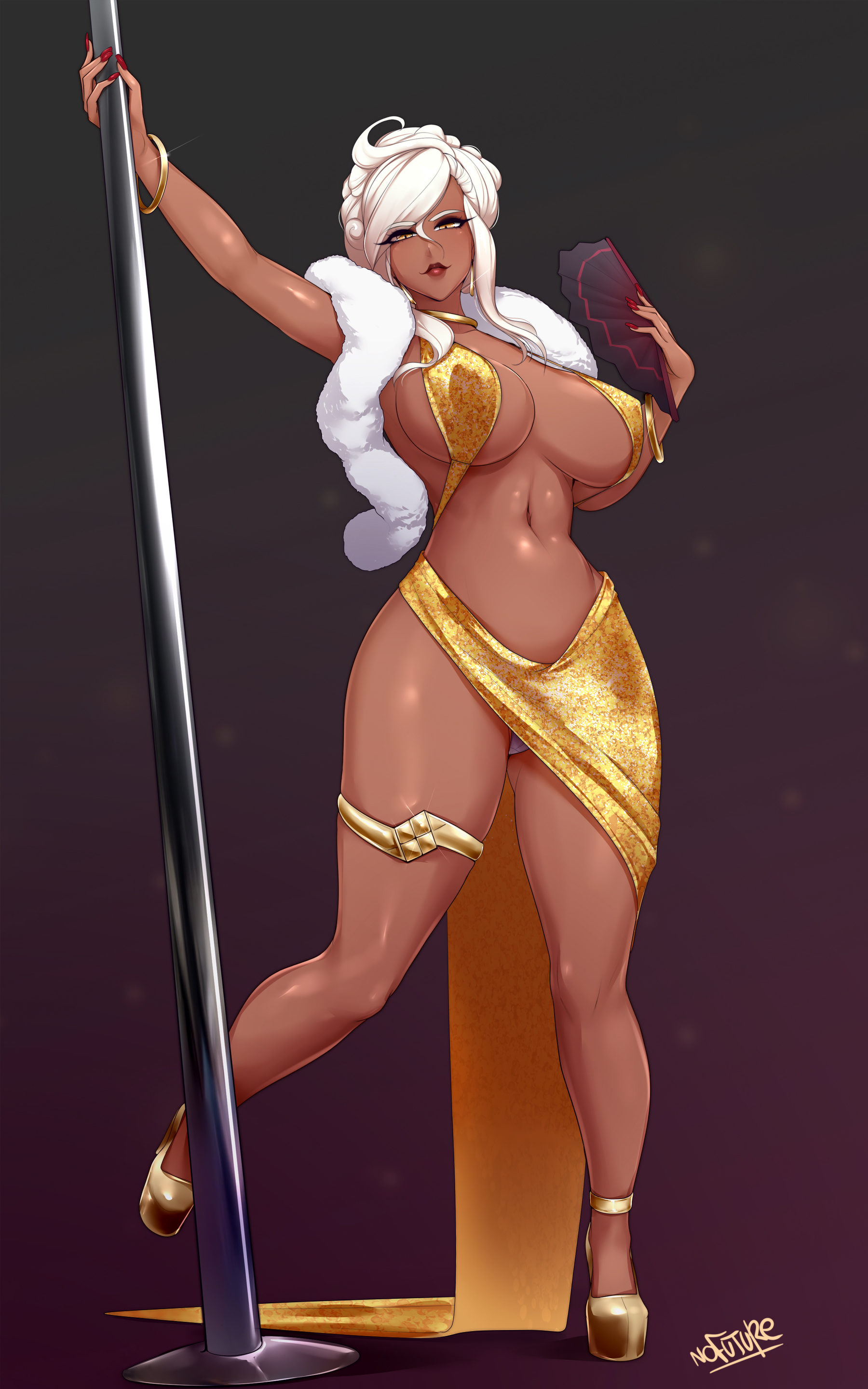 1girls, 2023, big breasts, borrowed character, breasts, dark skin, dark-skinned female, dress, earrings, fanning self, feather boa, female, female only, fur scarf, gold dress, hand fan, heels, high heels, jewelry, lipstick, looking at viewer, makeup, mature female, milf, nofuture, original character, pole, pole dancing, red nails, sabrina (aestheticc-meme), smug, solo, stripper pole, thick thighs, thighlet, very high resolution, white hair