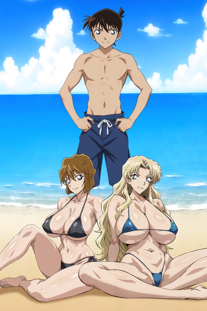 1boy, 2girls, accurate art style, ai haibara, beach, big breasts, bikini, blonde hair, blue eyes, blue sky, breasts, brown hair, cleavage, detective conan, female, male, ocean, shiho miyano, shinichi kudo, swimming trunks, teal eyes, vermouth, yxyyxy