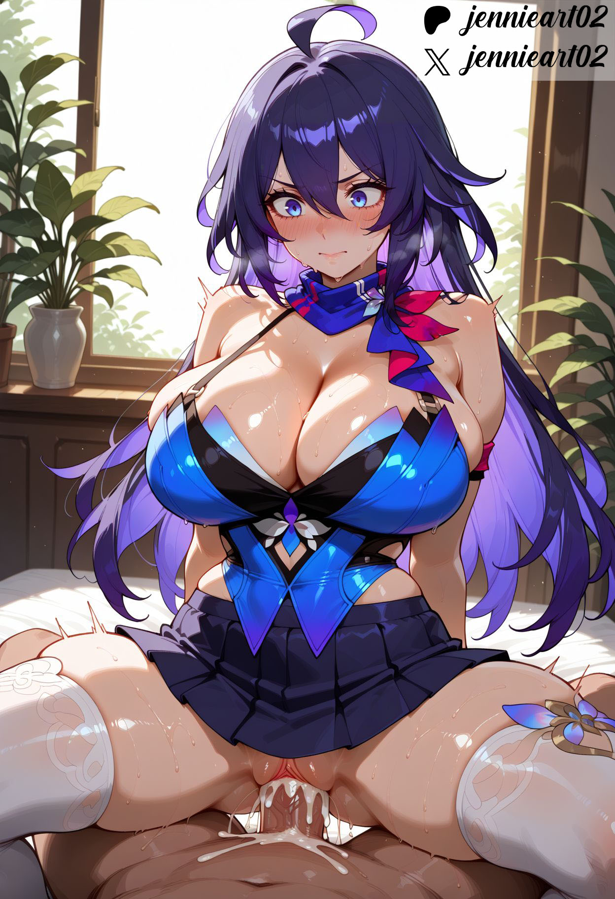1boy, ahoge, ai generated, bangs, bare shoulders, bed, black skirt, blue eyes, blue hair, blush, breasts, cleavage, closed mouth, clothed female nude male, clothed sex, clothing, colored inner hair, cowgirl position, cum, cum in pussy, dark skin, dark-skinned male, female, hair between eyes, honkai (series), honkai: star rail, hoyoverse, huge breasts, indoors, jennieart02, large breasts, legwear, long hair, male, mihoyo, multicolored hair, nakadashi, navel, nipples, nude, on bed, on top, overflow, patreon, patreon logo, patreon username, penis, plant, potted plant, purple hair, pussy, scarf, seele (honkai: star rail), seele vollerei, semen, sex, sitting, skindentation, skirt, smile, solo focus, spread legs, straddling, straight, sweat, thighhighs, thighs, twitter, twitter username, vagina, vaginal penetration, watermark, white legwear, white thighhighs, window