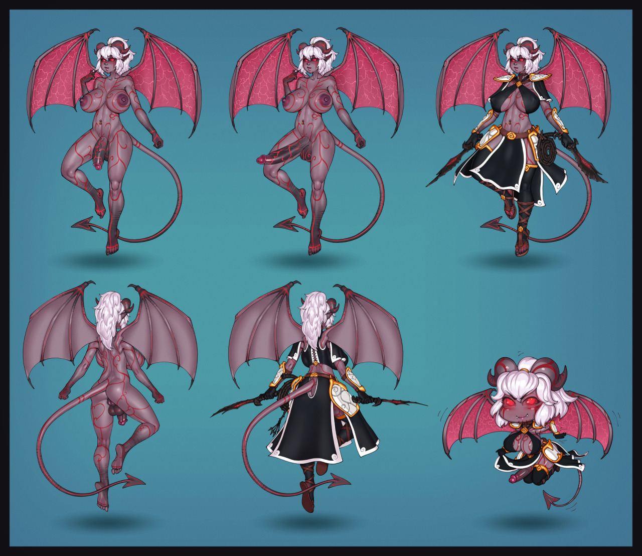 1futa, aliisza, balls, bbc-chan, black sclera, body markings, breasts, character sheet, clothed, demon, demon girl, demon tail, dickgirl, erection, female, flaccid, futa only, futanari, horns, intersex, large breasts, membranous wings, model sheet, nude, original, penis, pointy ears, ponytail, purple skin, red eyes, solo, succubus, tail, tattoo, testicles, tied hair, white hair, wings