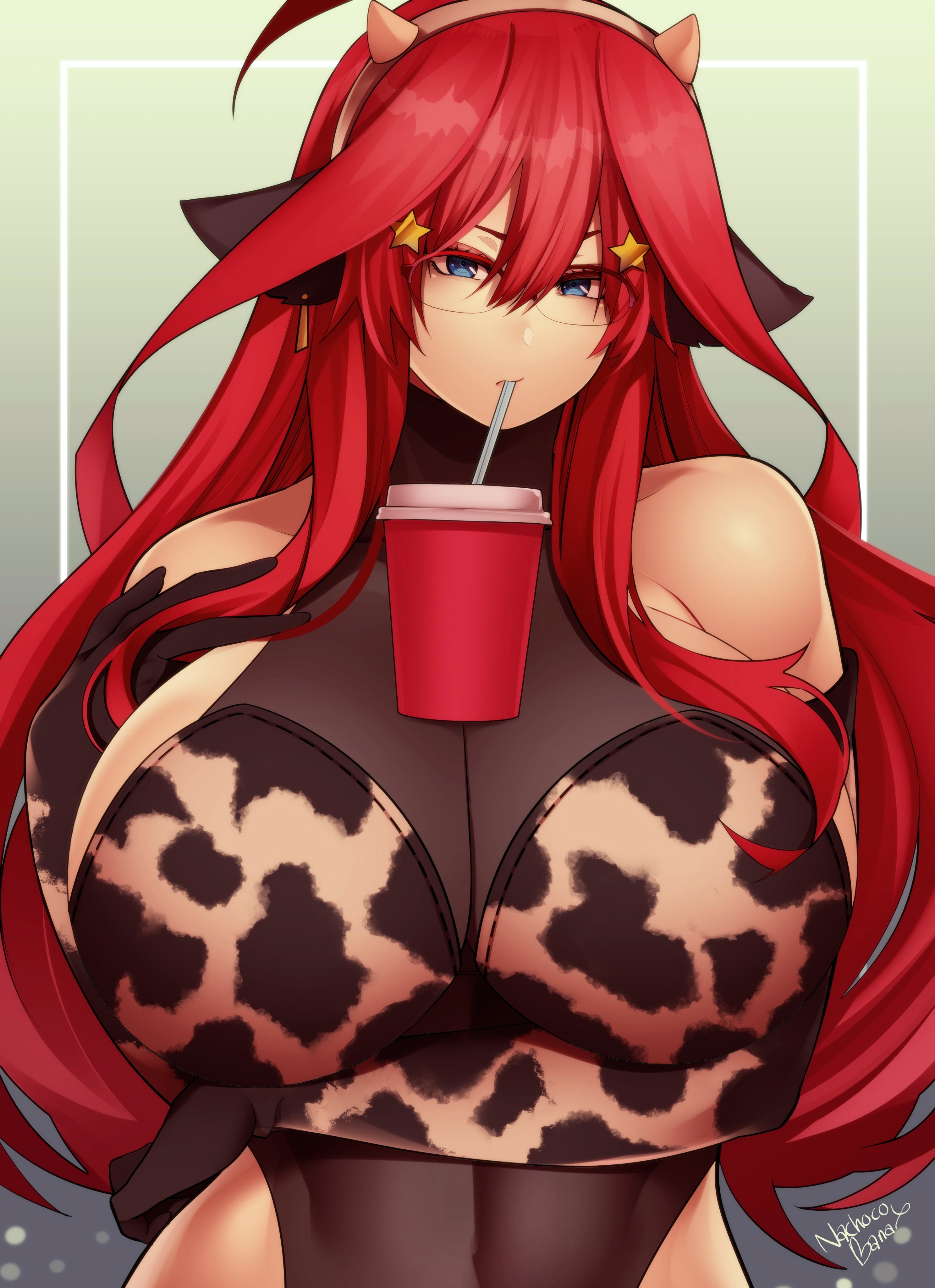 1girls, absurdres, breasts, cleavage, cow ears, cow girl, cow print, female, female only, glasses, go-toubun no hanayome, highres, huge breasts, looking at viewer, nachocobana, nakano itsuki, solo