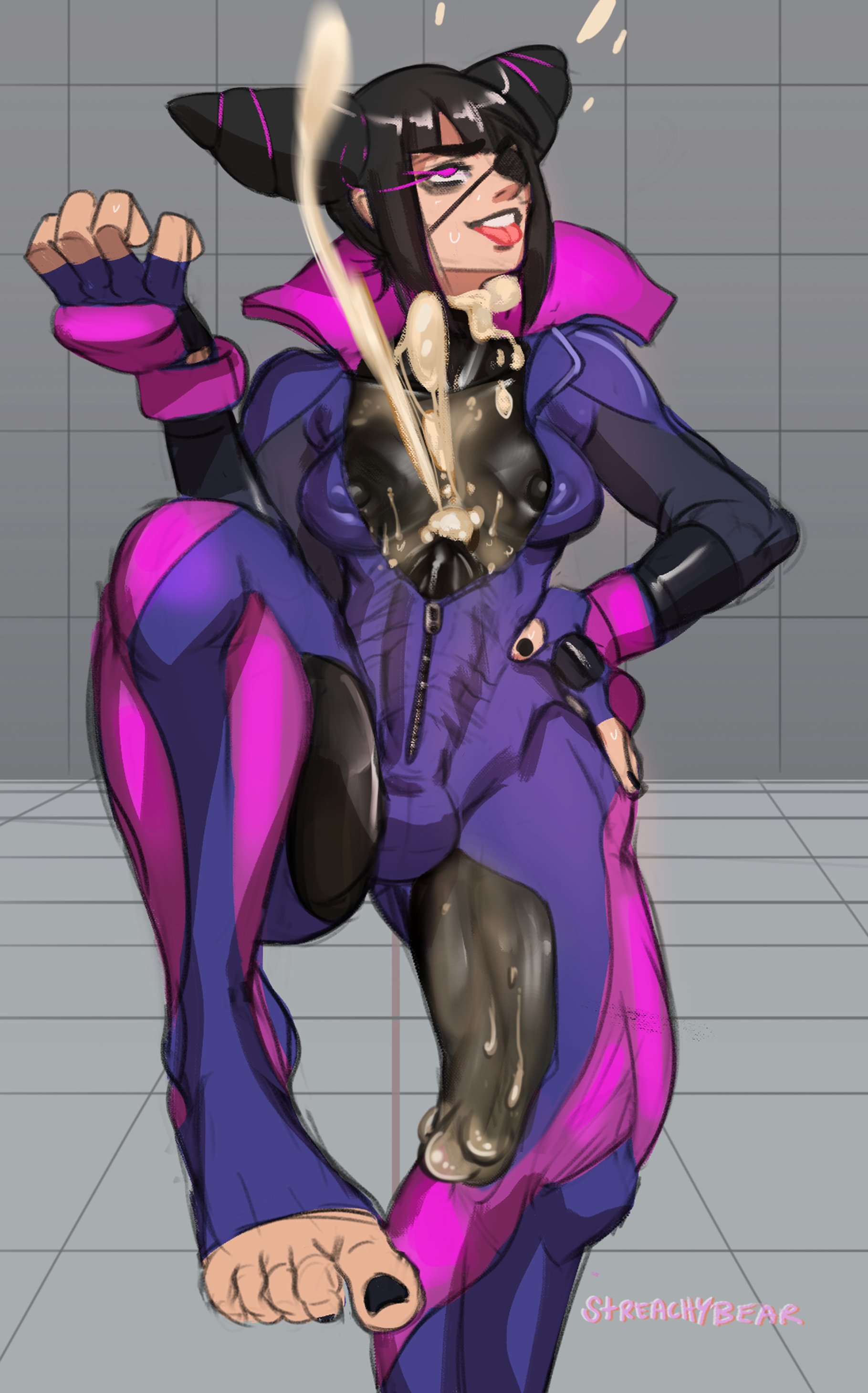 1futa, balls, balls bulge, balls under clothes, big penis, black hair, black nails, bodysuit, breasts, bulge, cameltail, capcom, clothed, clothing, color, cum, cum in bodysuit, cum in clothes, cum through clothes, cum under clothes, cumshot, dickgirl, ejaculation, erect nipples, erection, erection under clothes, excessive cum, eye patch, fully clothed, futa only, futanari, gloves, hands-free, handsfree ejaculation, human, intersex, juri han, muscular, muscular futa, nipple bulge, nipples, orgasm, orgasm without stimulation, pale skin, penis, penis bulge, penis under clothes, rolling eyes, see-through, sketch, solo, spontaneous ejaculation, spontaneous orgasm, standing, standing on one leg, streachybear, street fighter, street fighter v, tenting, tongue, tongue out, zipper