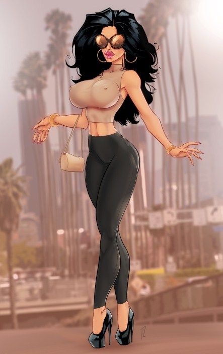 1girls, bimbo, black hair, breasts, clothed, female, female only, high heels, large breasts, platform heels, solo, solo female, sunglasses, tight clothing