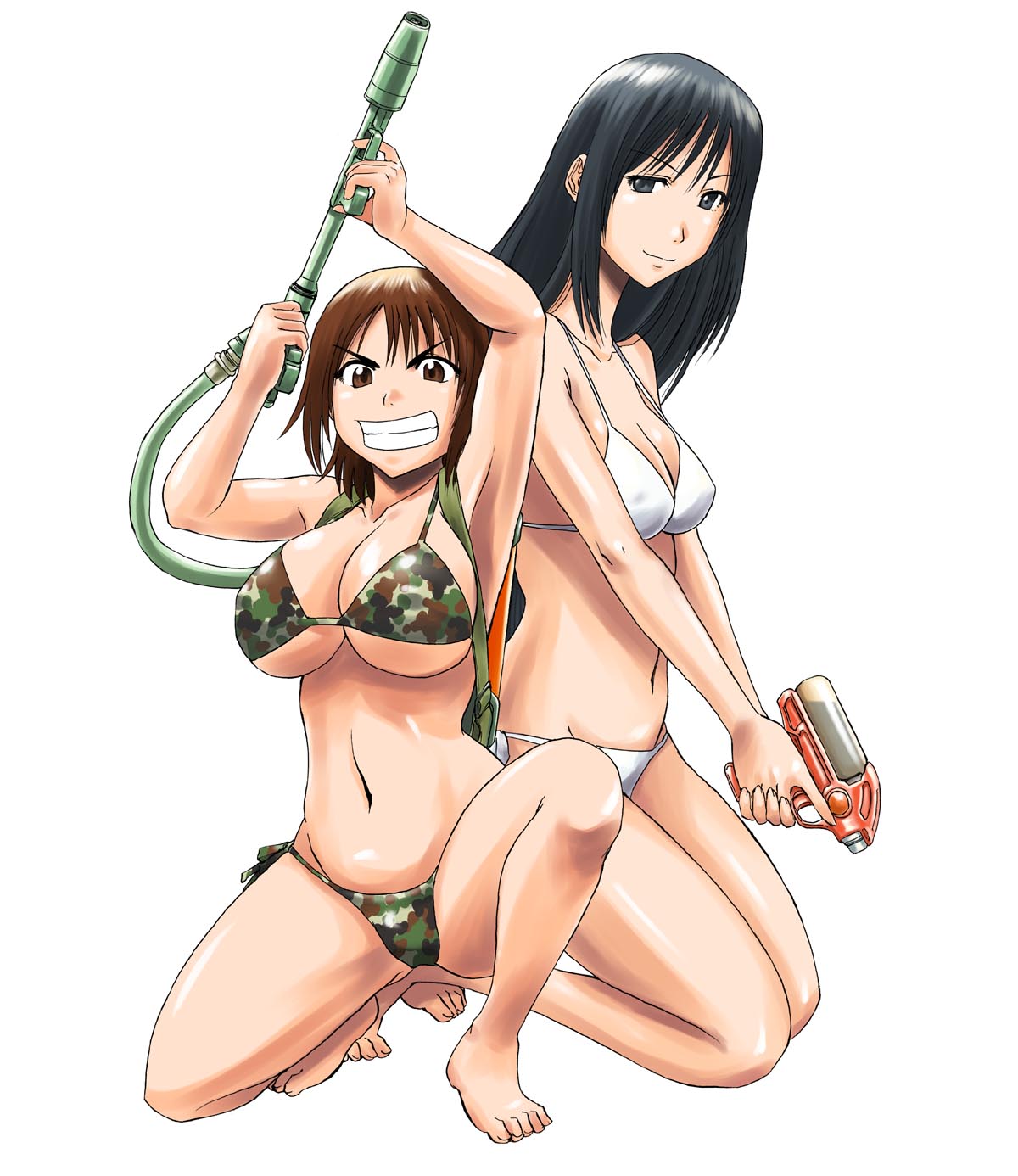 2girls backpack big_breasts bikini breasts camo_print camouflage_bikini gate_-_jieitai_ka_no_chi_nite_kaku_tatakaeri kuribayashi_shino kurokawa_mari looking_at_viewer sao_satoru water_gun white_background