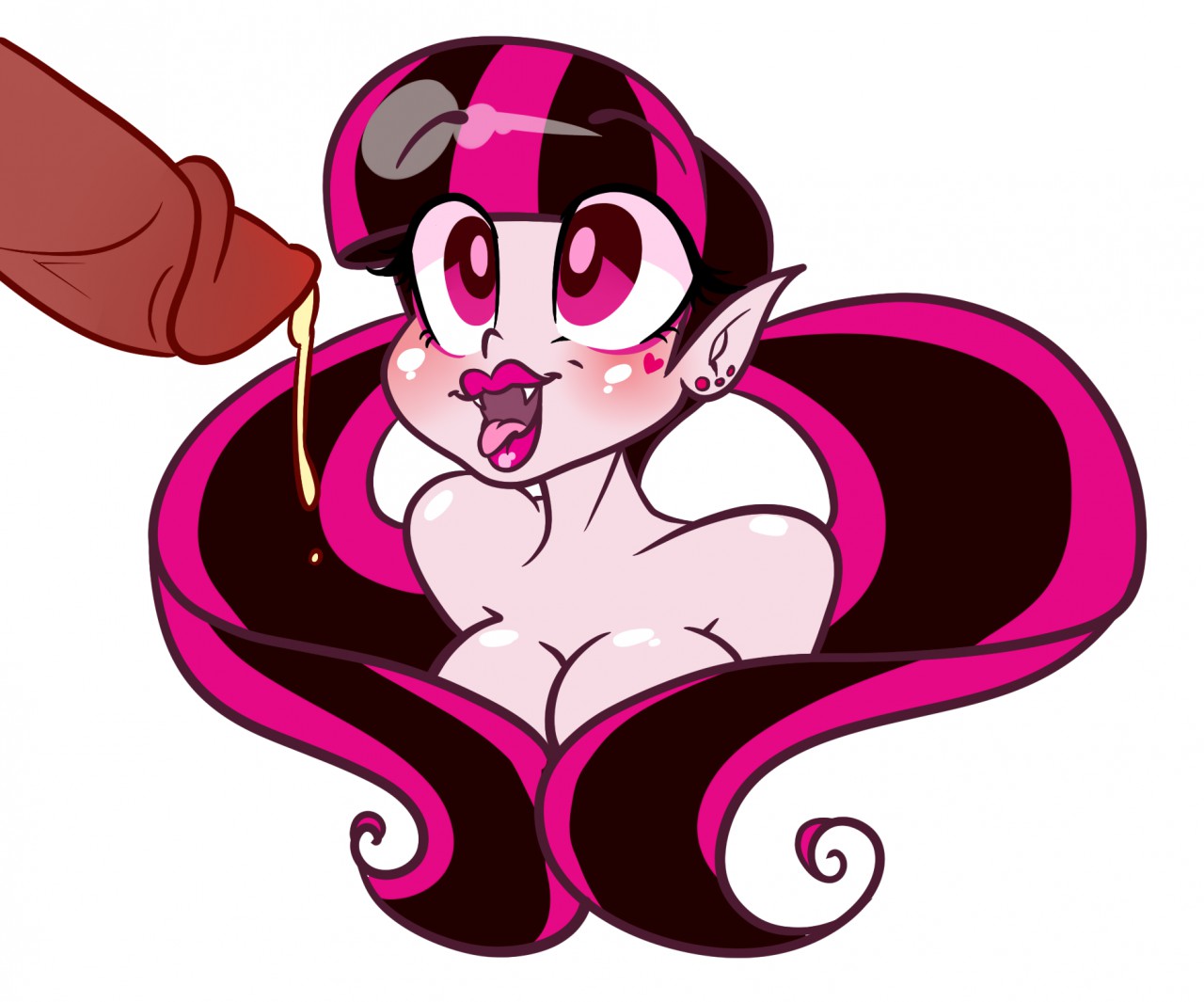 artist request, big breasts, breasts, cum, cum drip, dark skin, dark-skinned male, draculaura, faceless male, fangs, female, godiva hair, hair covering breasts, interracial, male, monster girl, monster high, multicolored hair, nude, open mouth, oral, oral sex, pointy ears, sex, straight, tongue, tongue out, vampire