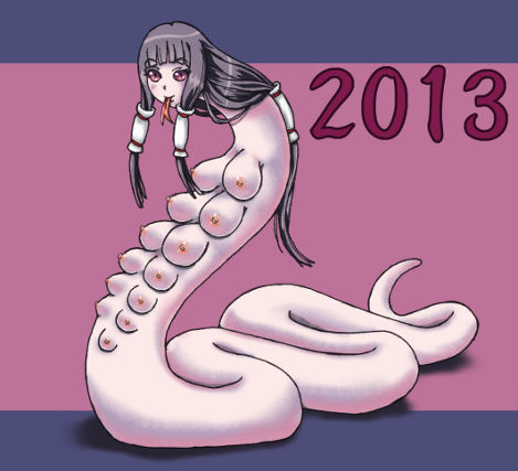 2013 body_horror boobipede boobsnake breasts female forked_tongue large_breasts medium_breasts multi_breast nipples pink_eyes purple_hair small_breasts snake solo unusual_anatomy what