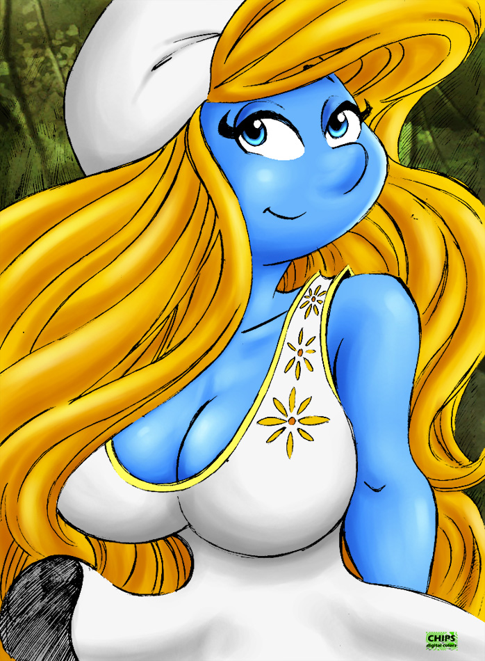 background blonde_hair blue_skin breasts dress_up female_only hanna-barbera hat huge_breasts kayzer smiley_face smurfette the_smurfs