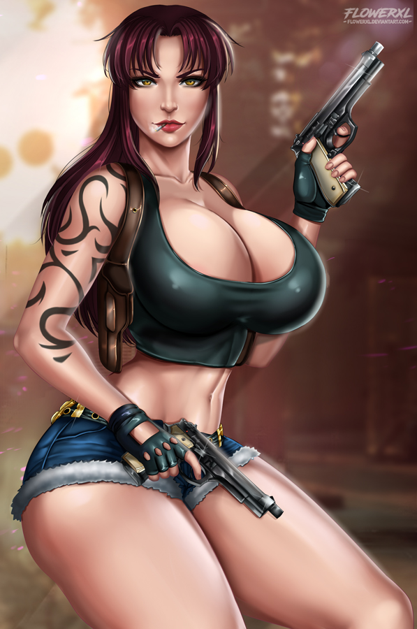1girls, black lagoon, breasts, cigarette, cleavage, female, female only, flowerxl, gun, huge breasts, looking at viewer, pinup, revy, short shorts, shorts, solo, tattoo, thick thighs
