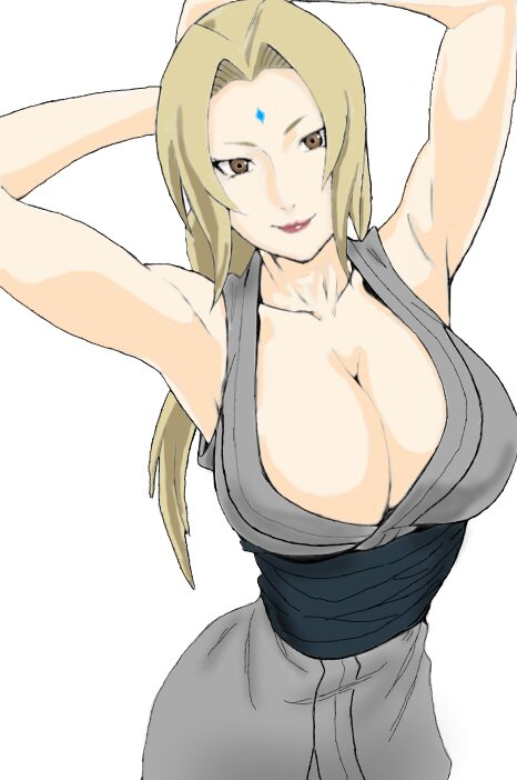armpits, arms behind head, big breasts, blonde hair, breasts, female, large breasts, looking at viewer, naruto, naruto (series), naruto shippuden, smile, solo, tsunade