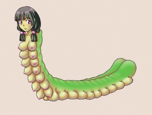 black_hair body_horror boobipede boobsnake breasts female forked_tongue large_breasts multi_breast nipples pink_eyes snake solo unusual_anatomy what