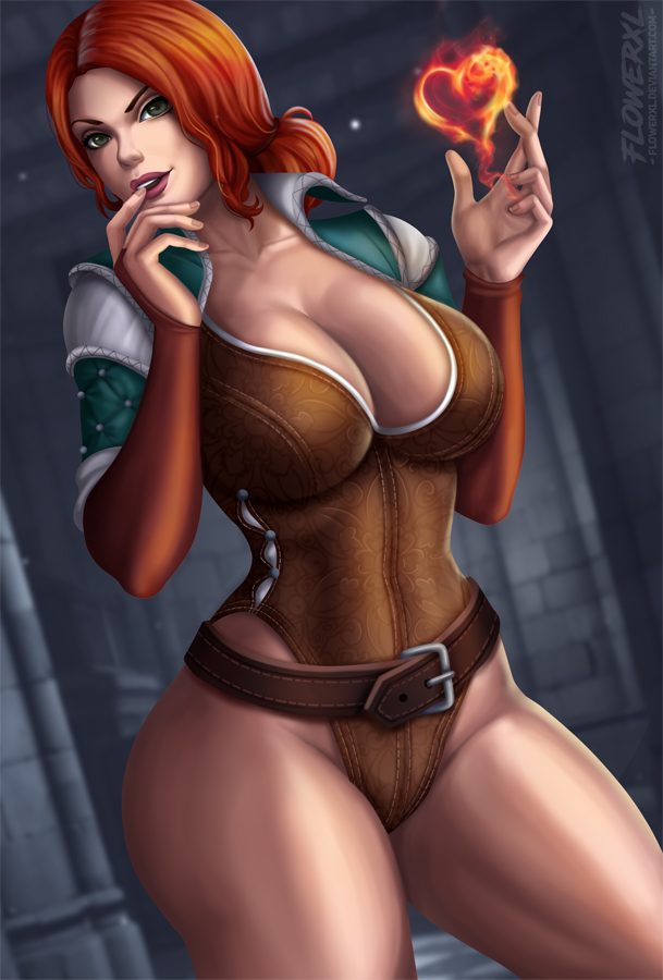 2d, big breasts, breasts, cd projekt red, cleavage, female, female only, flowerxl, large breasts, looking at viewer, solo, the witcher (series), the witcher 3: wild hunt, triss merigold