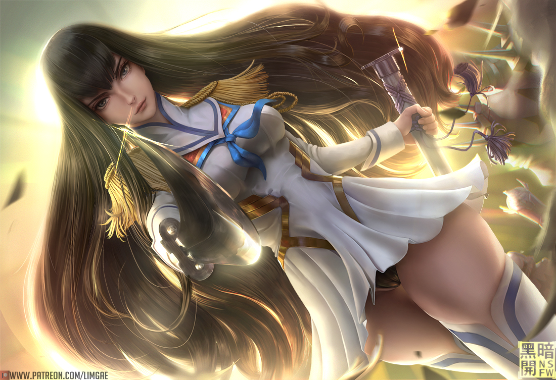 1girls, bakuzan, black hair, blue eyes, boots, clothed, dress, female, female only, human, junketsu, kill la kill, kiryuuin satsuki, limgae, long hair, looking at viewer, panties, patreon, school uniform, serious, solo, sword, text, thigh boots, url, watermark, weapon