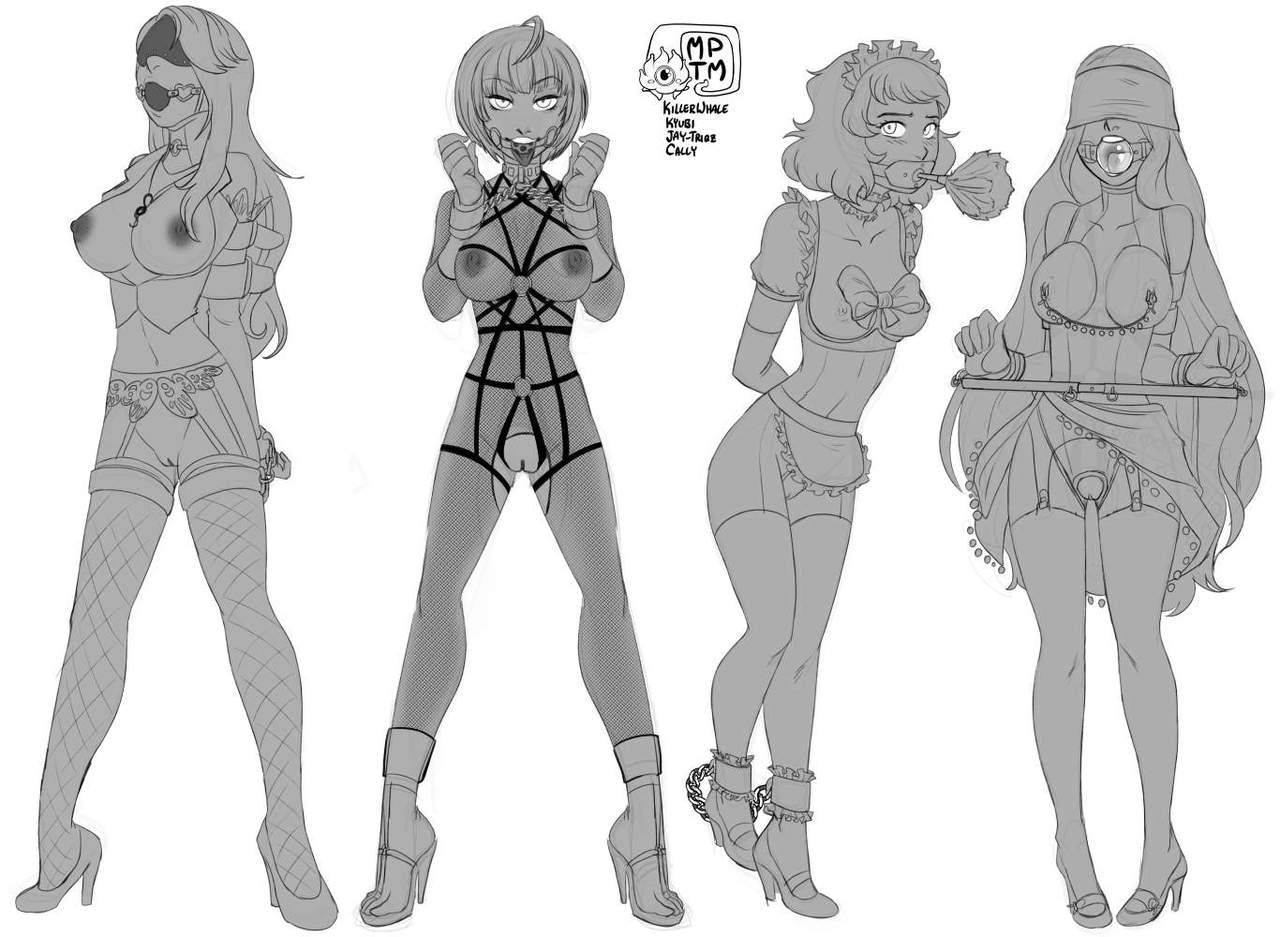 4girls, ankle cuffs, arms behind back, ball gag, blindfold, bondage, breasts, breasts out, chains, chihaya mifune, collar, cuffs, female, femsub, gag, gagged, harness, high heels, maid, mifune chihaya, monochrome, multiple females, multiple girls, multiple subs, my pet tentacle monster, nipple piercing, nipples, open toe shoes, persona, persona 5, pierced nipples, piercing, pussy, sadayo kawakami, sae niijima, slave, stockings, tae takemi, thighhighs