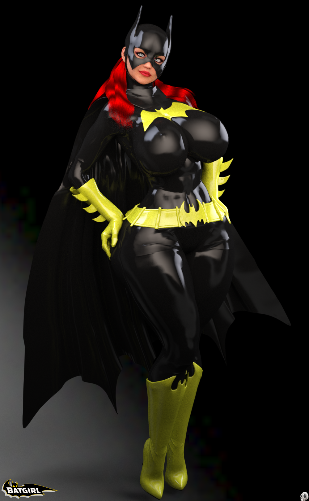 1girls 3d barbara_gordon batgirl batman_(series) belt big_breasts bike bodysuit boots busty cape curvy dc dc_comics english_text erect_nipple erect_nipples eyelashes female female_only front_view gloves green_eyes hand_on_hip hands_on_hip hands_on_hips high_heel_boots high_heels hourglass_figure huge_breasts human lipstick long_hair looking_at_viewer makeup mask nipple_bulge pose posing red_hair red_lipstick shadow simple_background solo spread_legs spreading standing superheroine text voluptuous wide_hips xskullheadx yellow_gloves